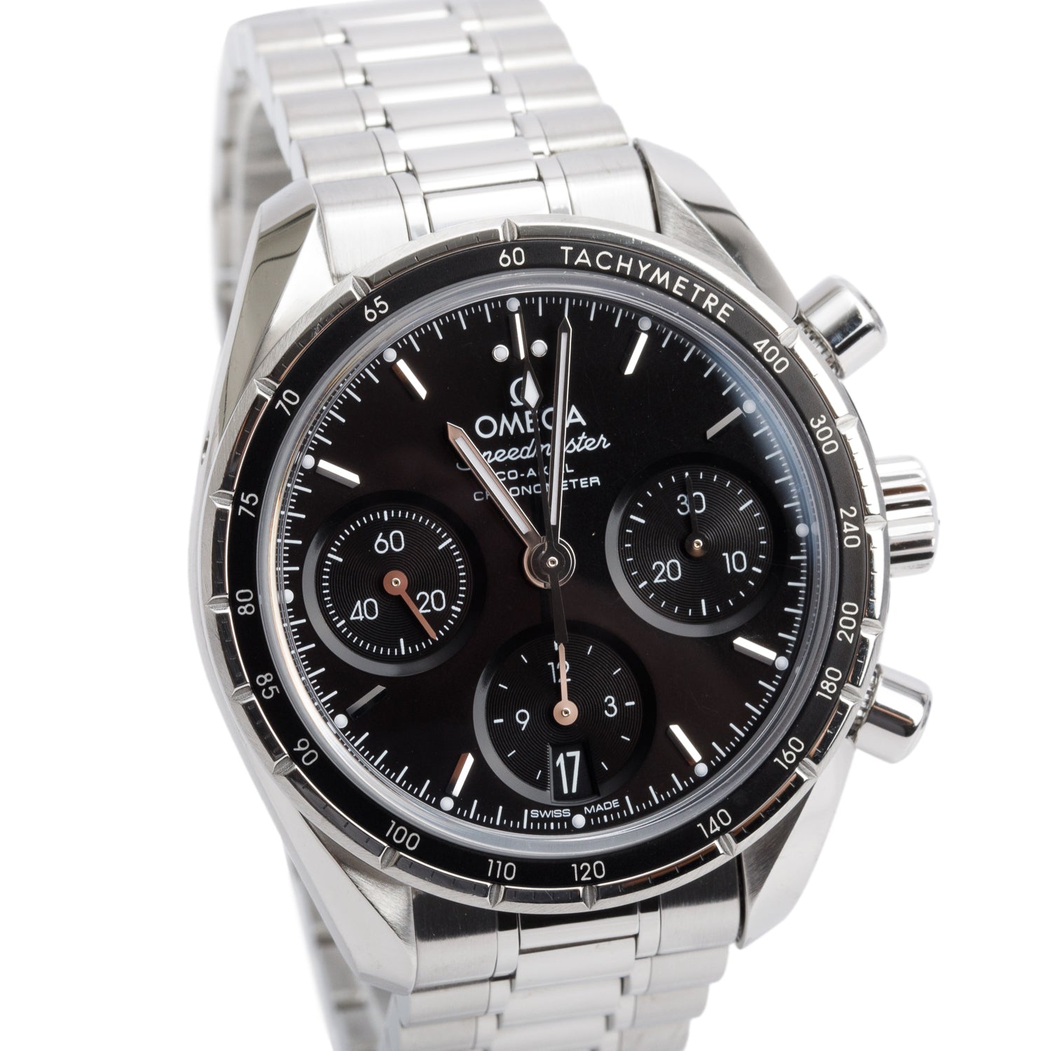 Omega Stainless Steel Speedmaster Co-Axial Chronometer 38 MM Automatic Chronograph Watch w/ Box & Papers