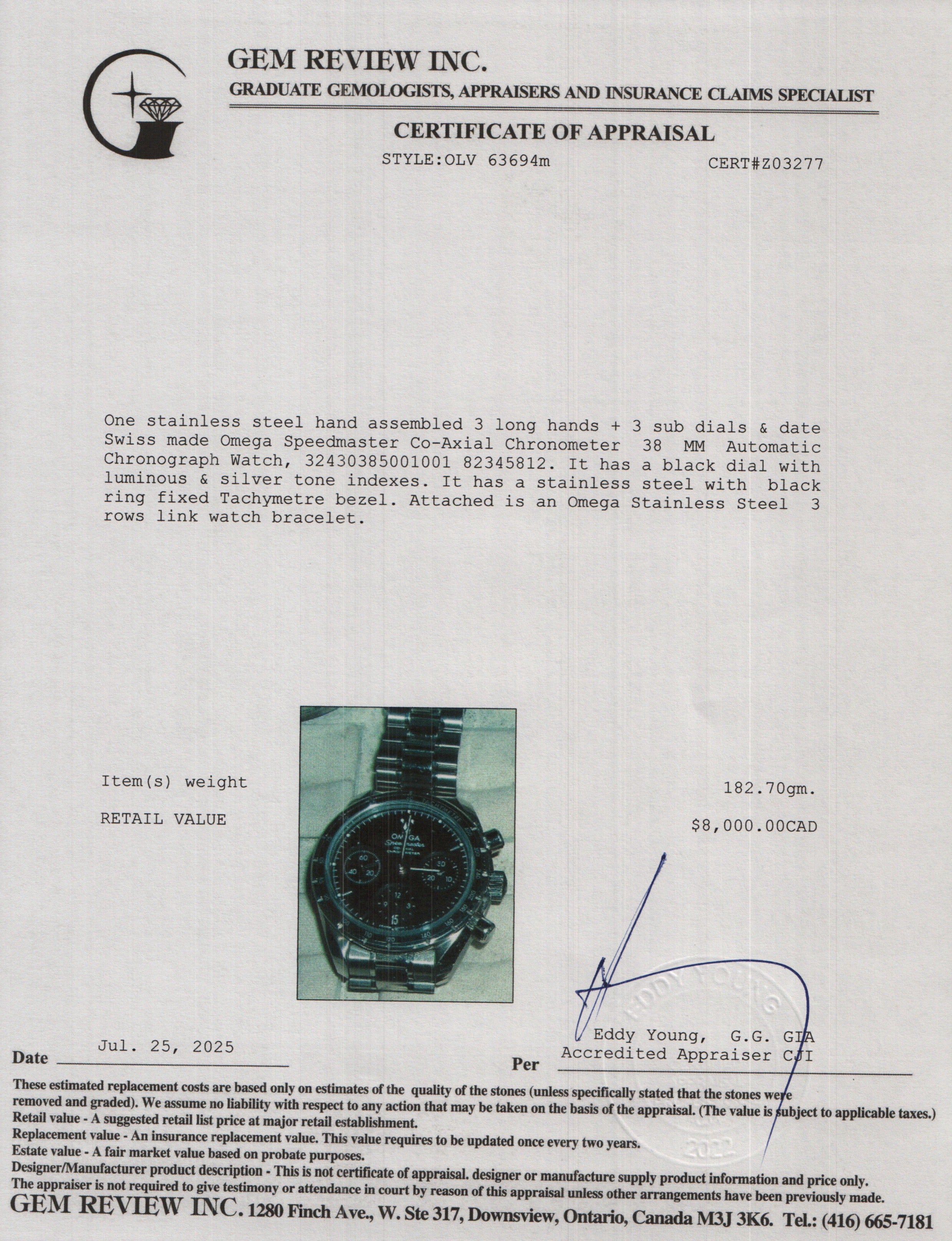 Omega Stainless Steel Speedmaster Co-Axial Chronometer 38 MM Automatic Chronograph Watch w/ Box & Papers