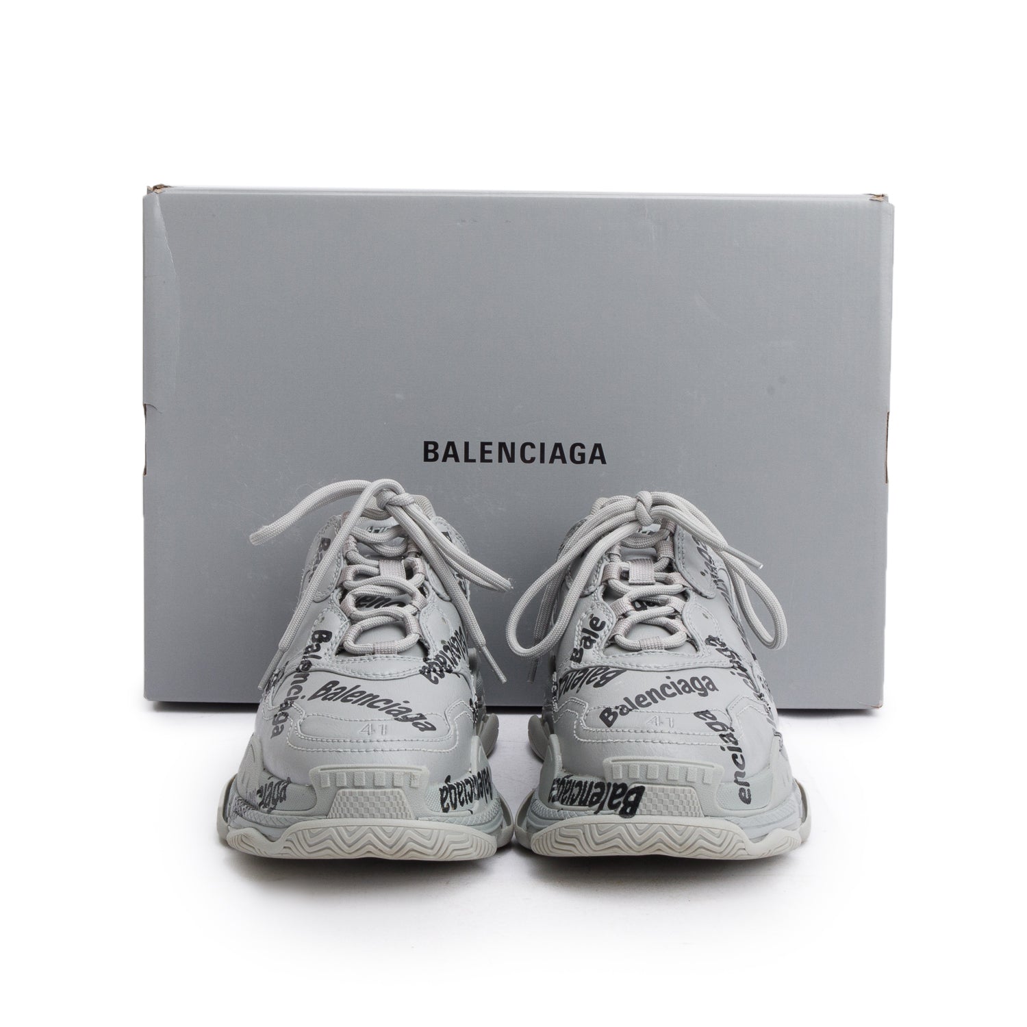 Balenciaga Grey Leather All Over Logo Triple S Chunky Sneakers, Men's Size 41 w/ Box