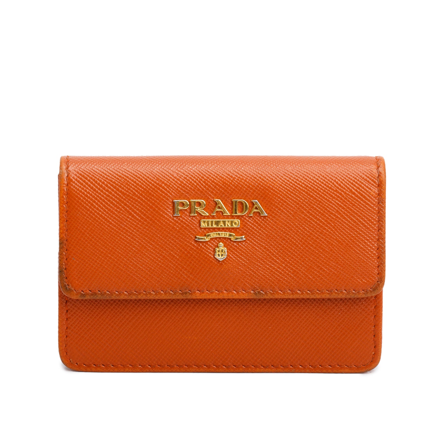 Prada Orange Saffiano Leather Flap Card Holder w/ Box & Authenticity Card
