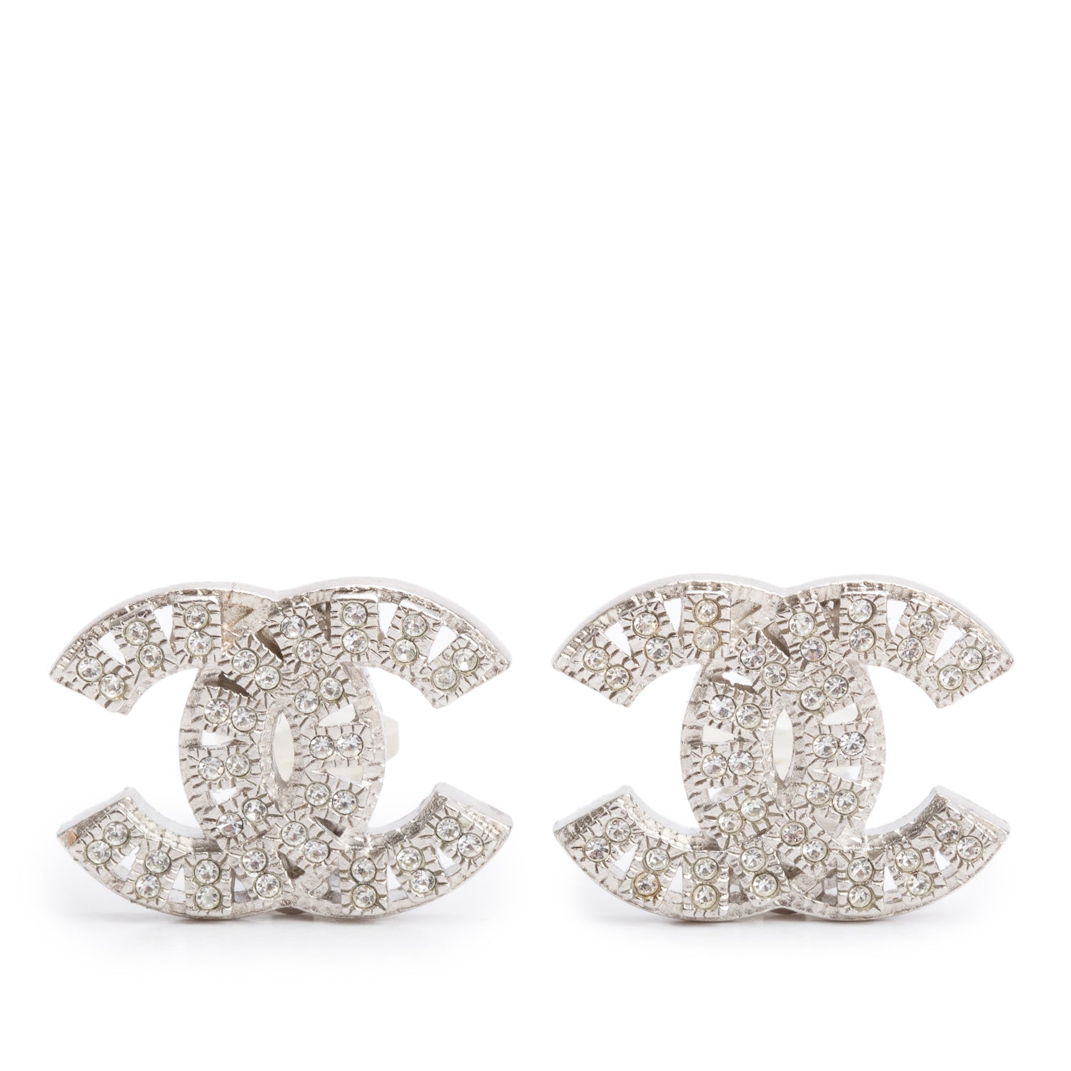 Chanel Palladium-Plated Strass CC Stud Clip-On Earrings w/ Box