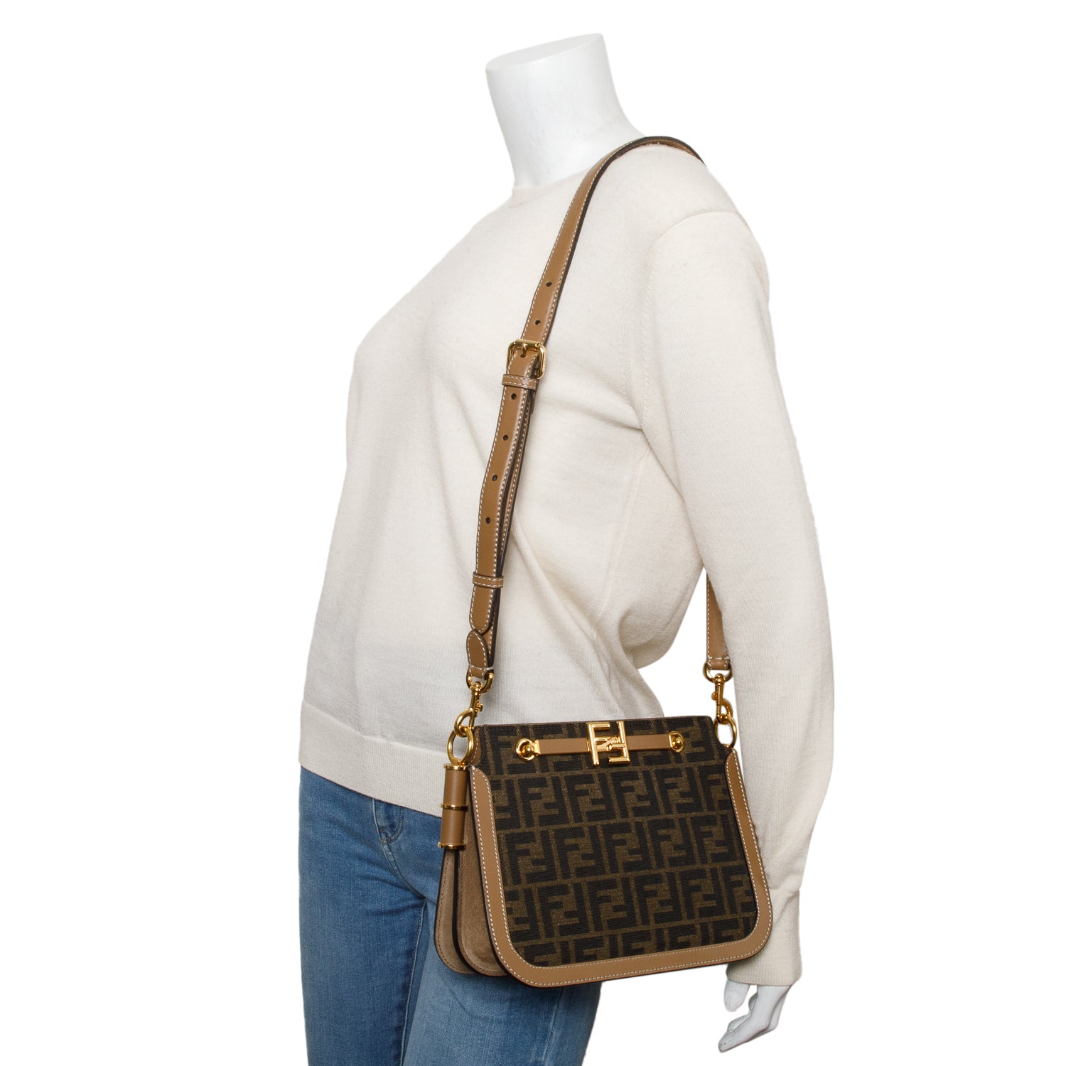 Fendi 2021 Brown FF Zucca Canvas Tan Leather Trim Medium Touch Shoulder Bag w/ Box