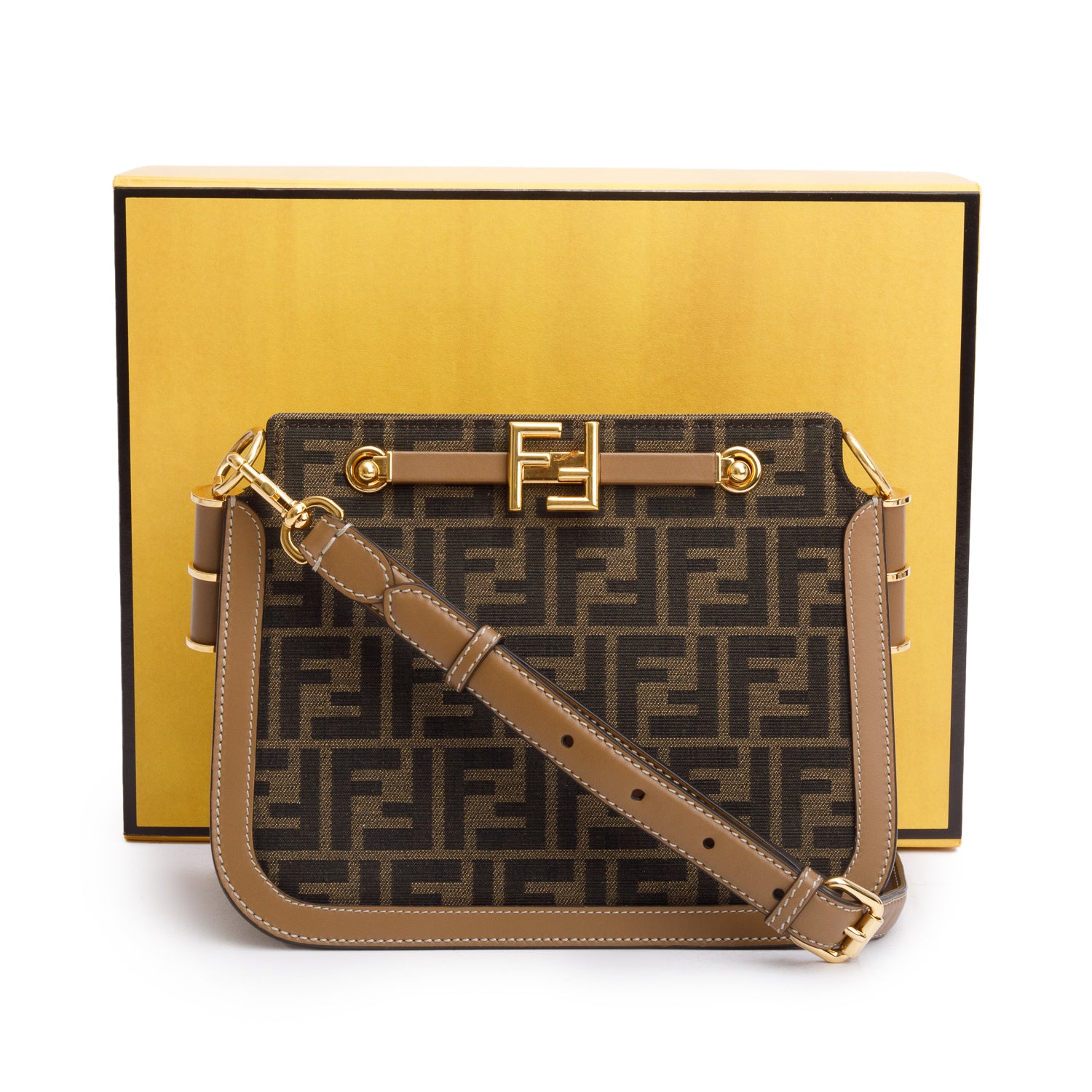 Fendi 2021 Brown FF Zucca Canvas Tan Leather Trim Medium Touch Shoulder Bag w/ Box