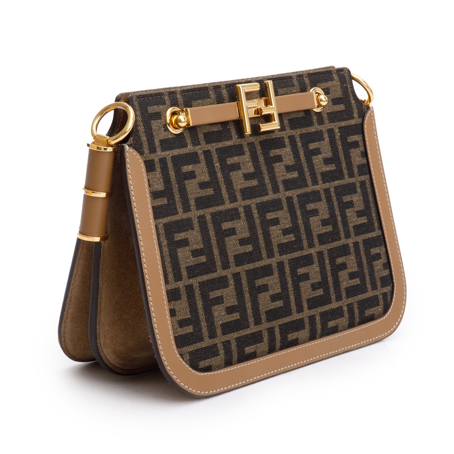 Fendi 2021 Brown FF Zucca Canvas Tan Leather Trim Medium Touch Shoulder Bag w/ Box