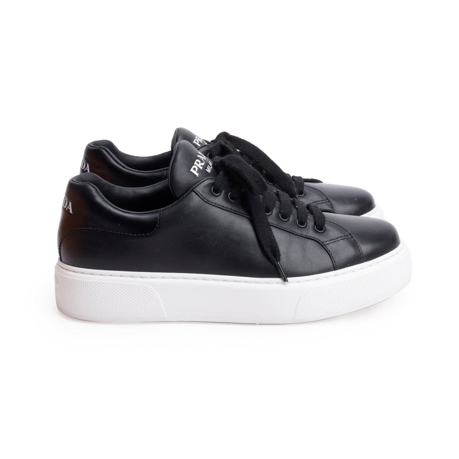 Prada 2022 Black Leather Platform Sneakers, Size 8 w/ Box & Receipt