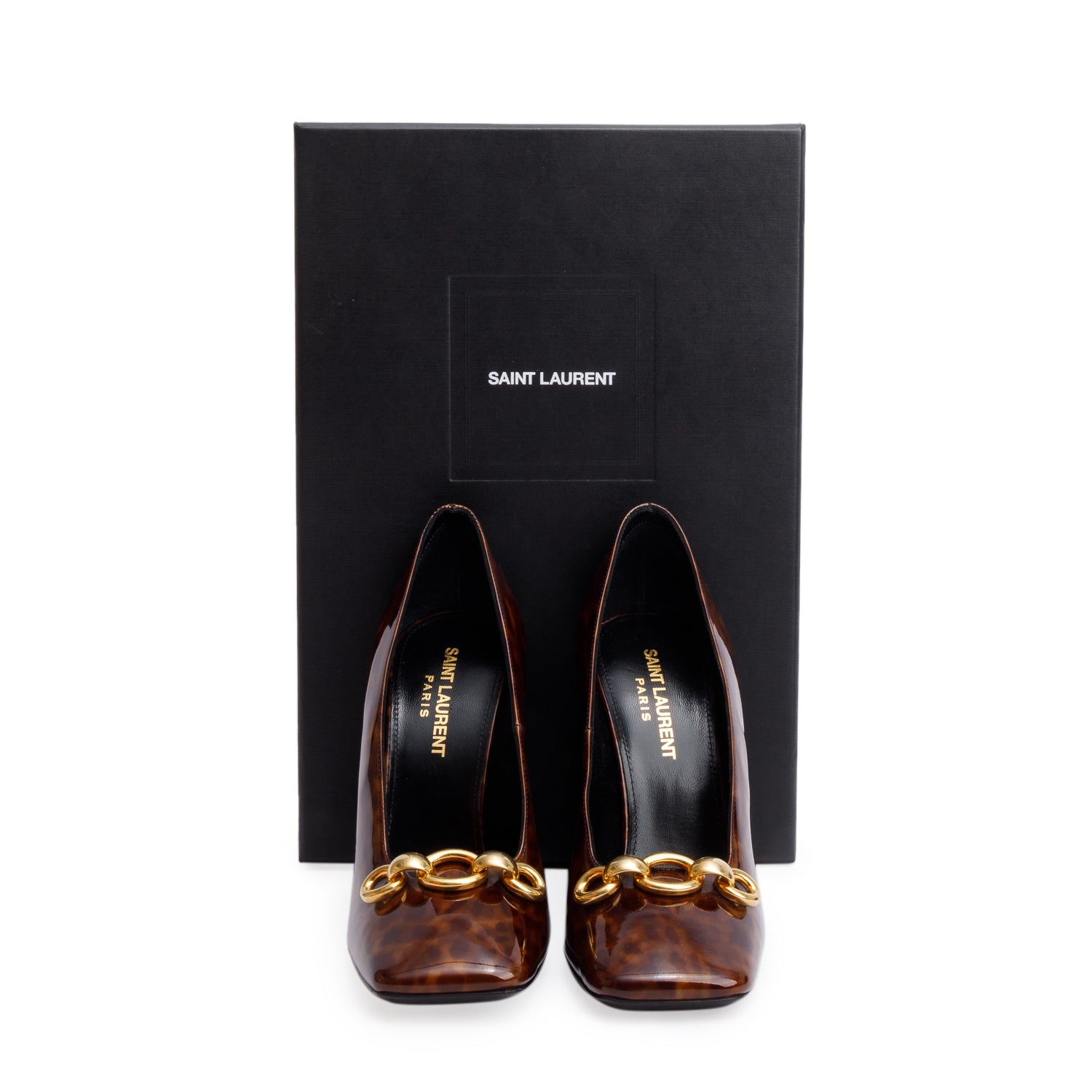 Saint Laurent Brown Leopard Print Patent Leather Chain-Link Accent Swing 110 Pumps, Size 36.5 w/ Box