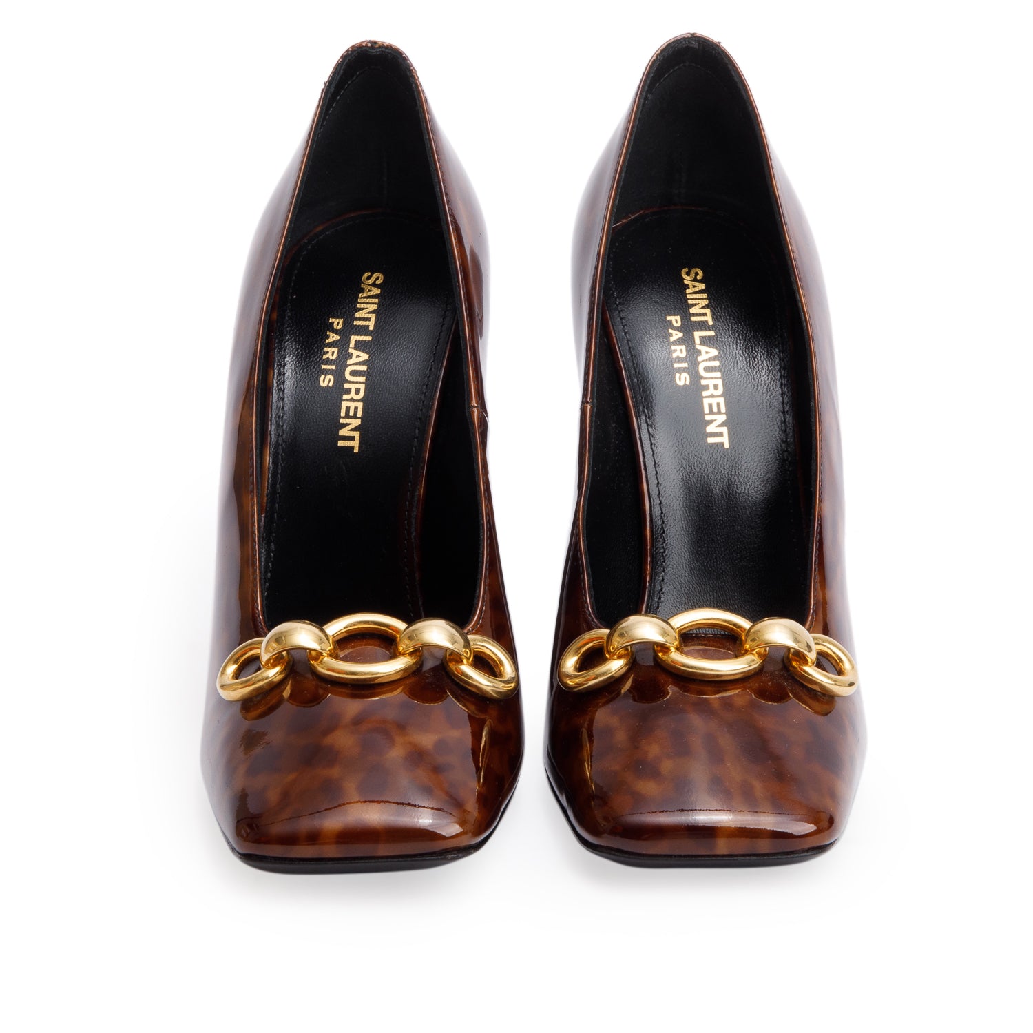 Saint Laurent Brown Leopard Print Patent Leather Chain-Link Accent Swing 110 Pumps, Size 36.5 w/ Box