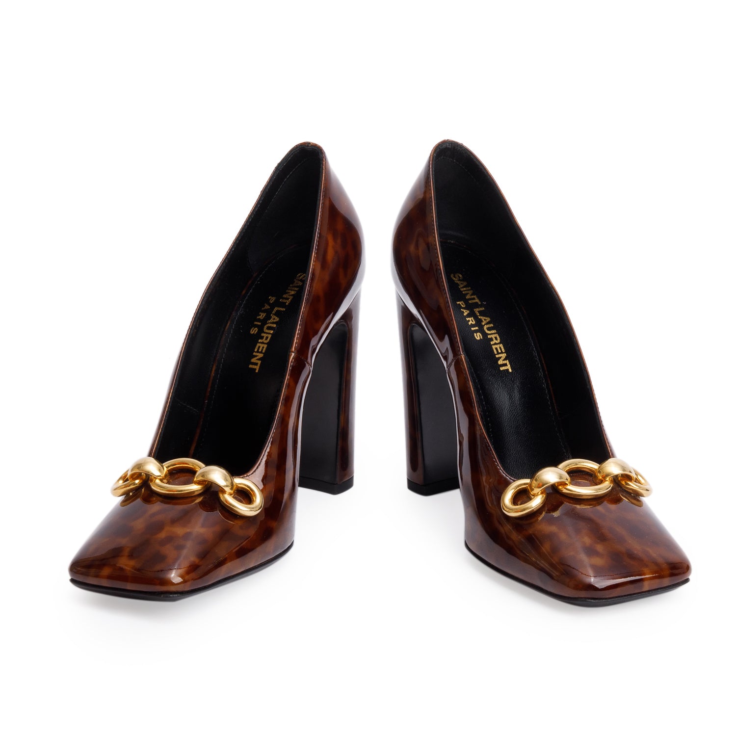 Saint Laurent Brown Leopard Print Patent Leather Chain-Link Accent Swing 110 Pumps, Size 36.5 w/ Box