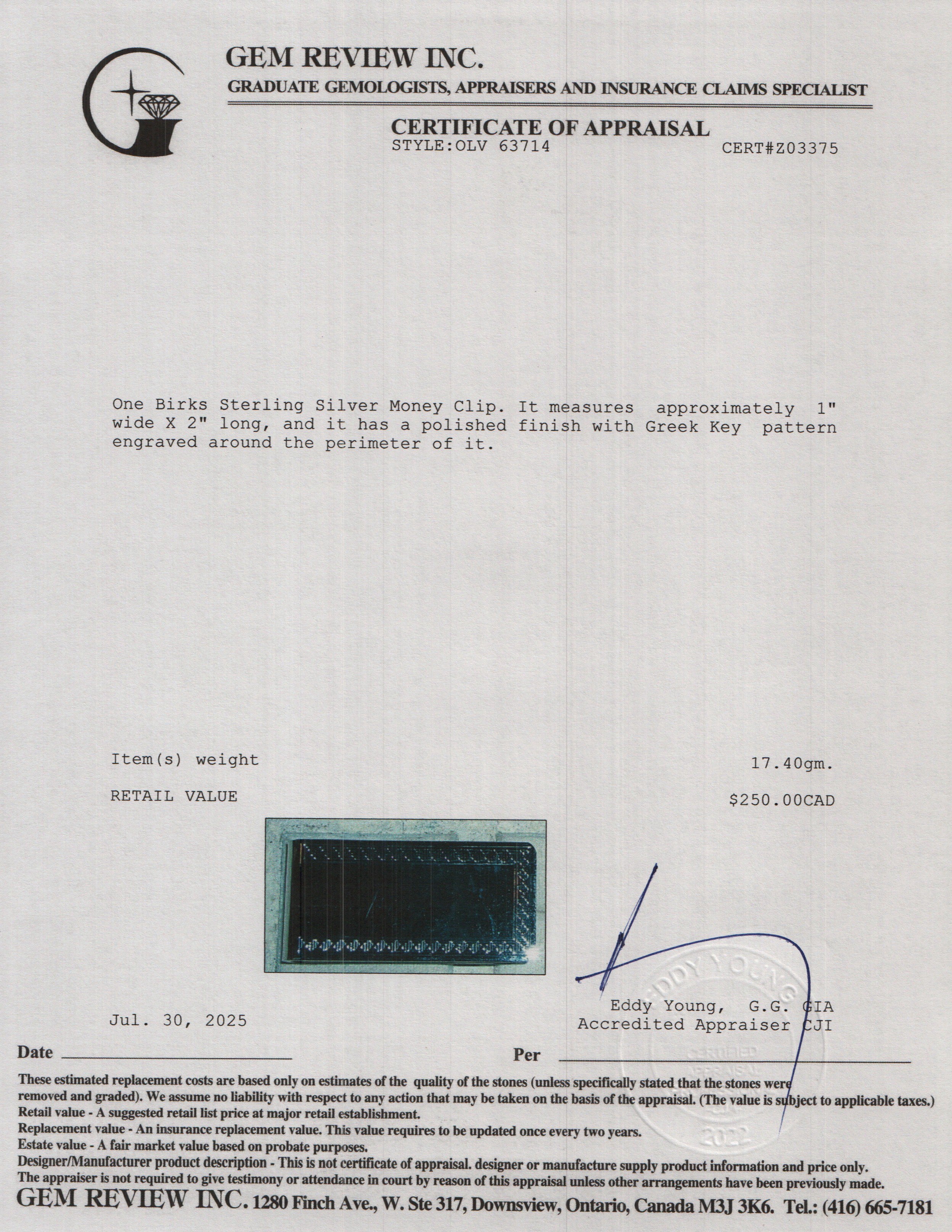 Birks Sterling Silver Money Clip w/ Box