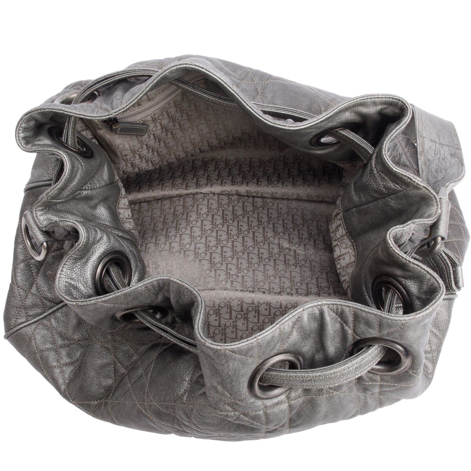 Christian Dior Silver Cannage Quilted Leather Drawstring Tote Bag