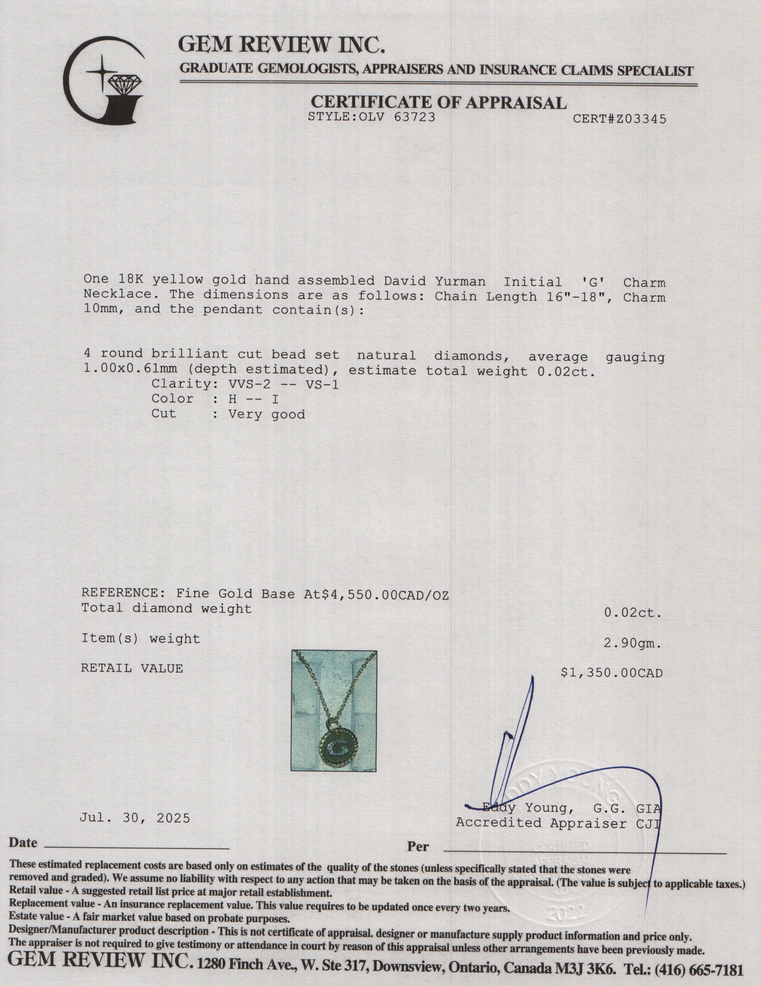 David Yurman 18k Yellow Gold Diamond Initial 'G' Charm Necklace