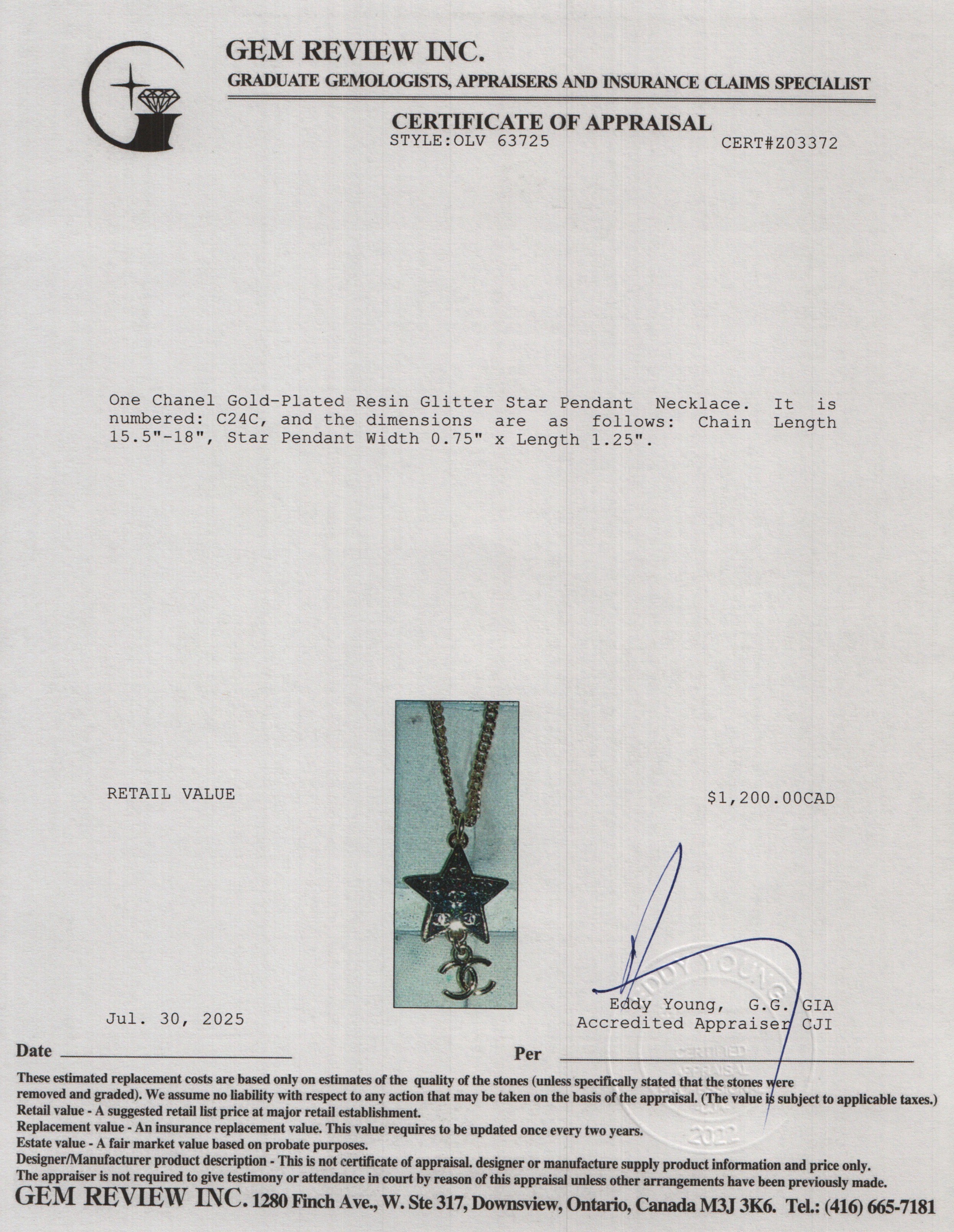 Chanel 2024 Gold-Plated Resin Glitter Star Pendant Necklace w/ Box & Receipt