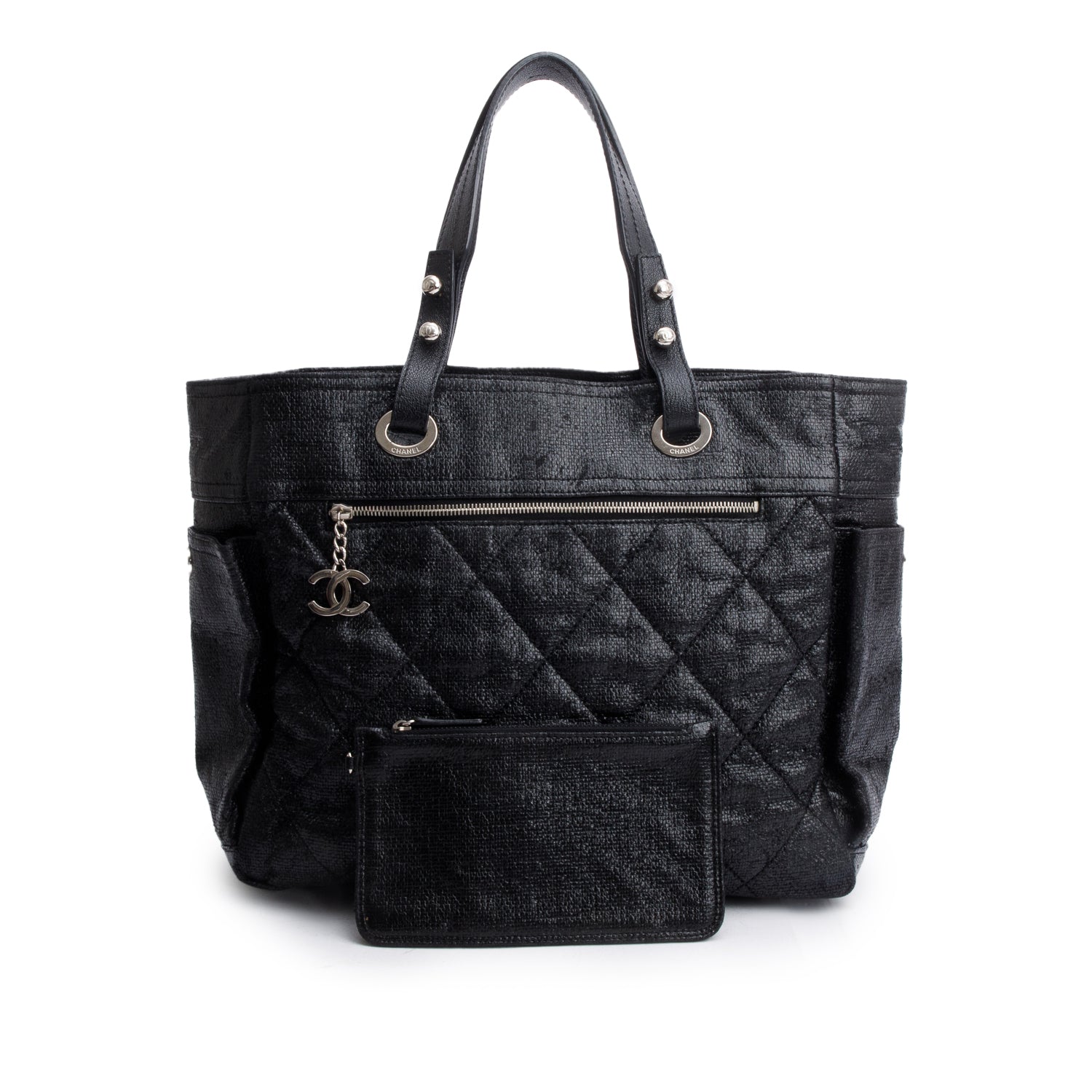 Chanel Black Quilted Coated Canvas Large Paris Biarritz Tote w/ Pouch