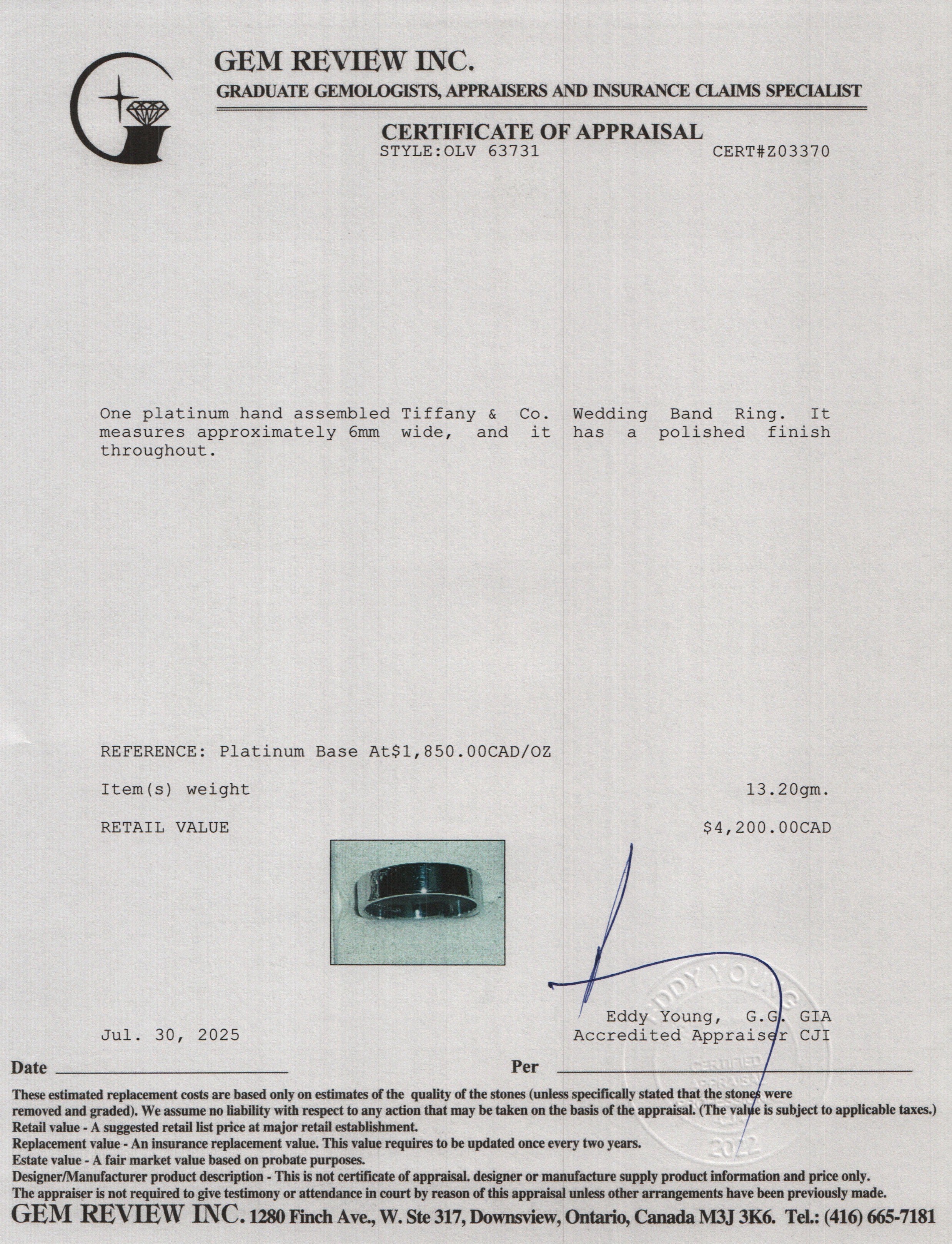 Tiffany & Co. Platinum 6 MM Wedding Band Ring, Size 11.5