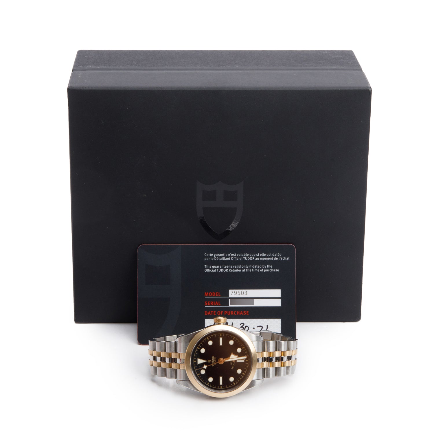 Tudor Stainless Steel & 18k Yellow Gold Black Bay 36 MM Automatic Watch Black Dial 79503 w/ Box & Papers