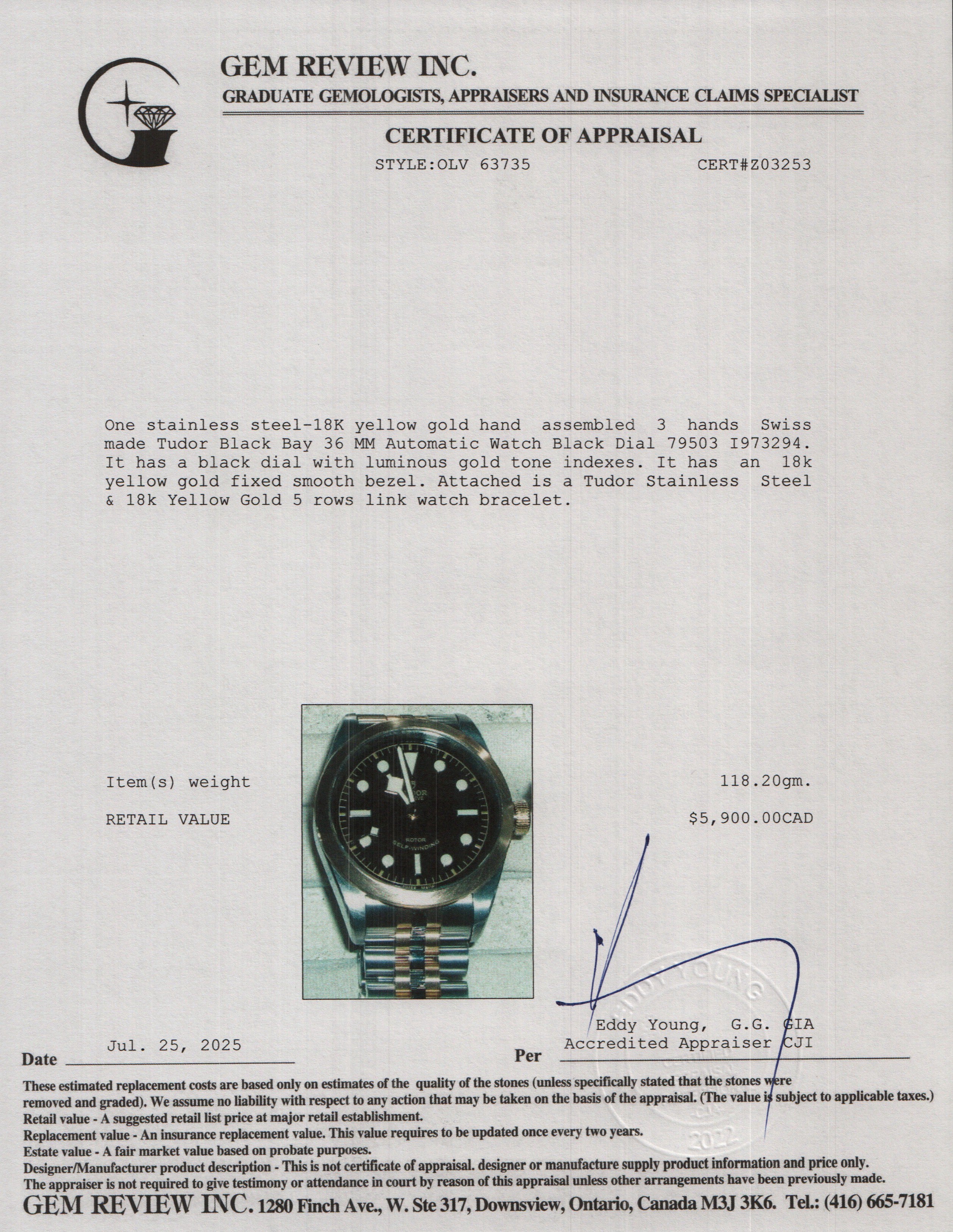 Tudor Stainless Steel & 18k Yellow Gold Black Bay 36 MM Automatic Watch Black Dial 79503 w/ Box & Papers