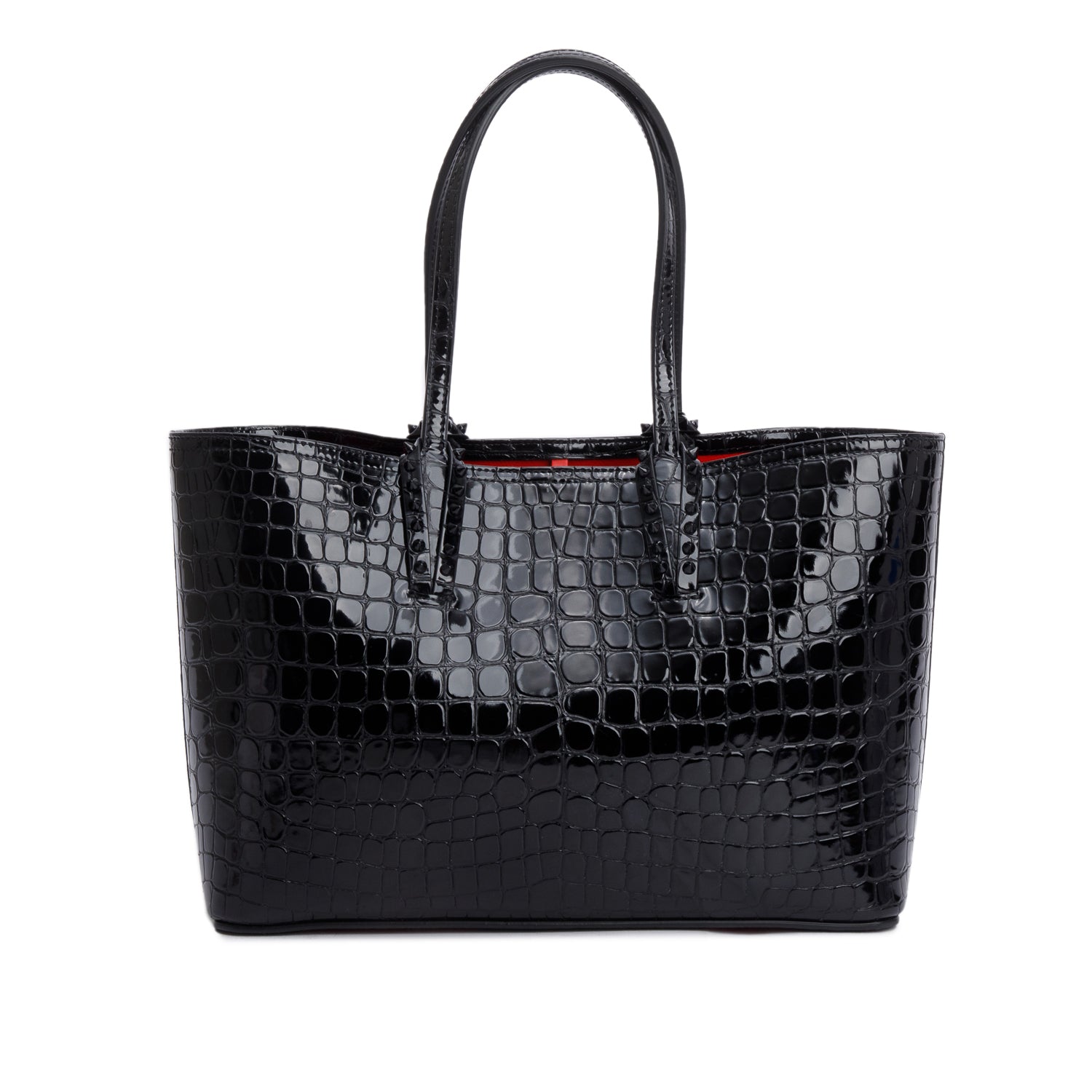Christian Louboutin Black Alligator Embossed Calf Leather Spike Small Cabarock Tote Bag w/ Pouch