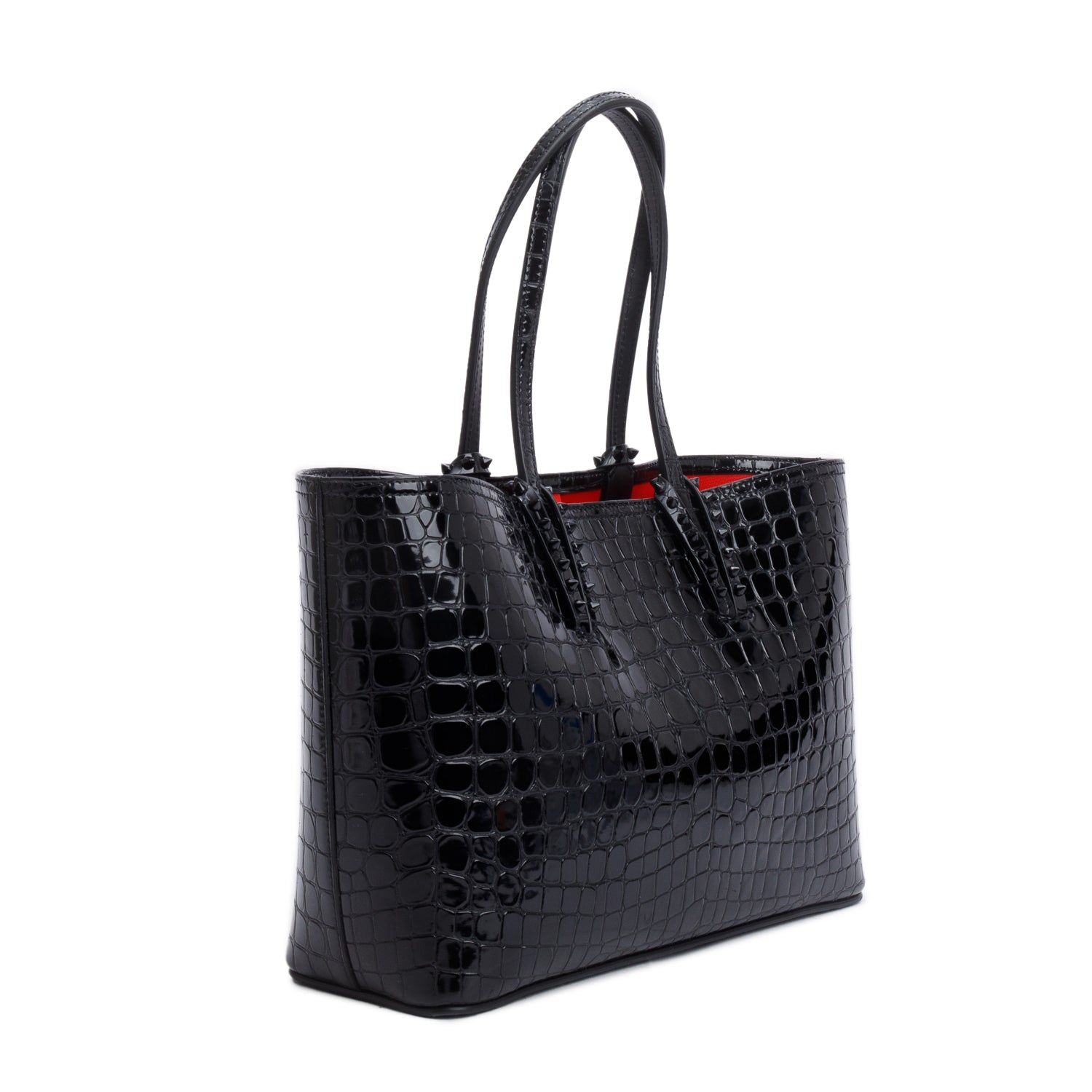 Christian Louboutin Black Alligator Embossed Calf Leather Spike Small Cabarock Tote Bag w/ Pouch