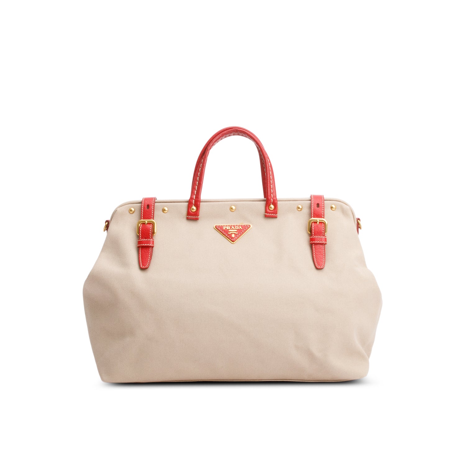 Prada Neutral Canvas Red Leather Trim Frame Tote
