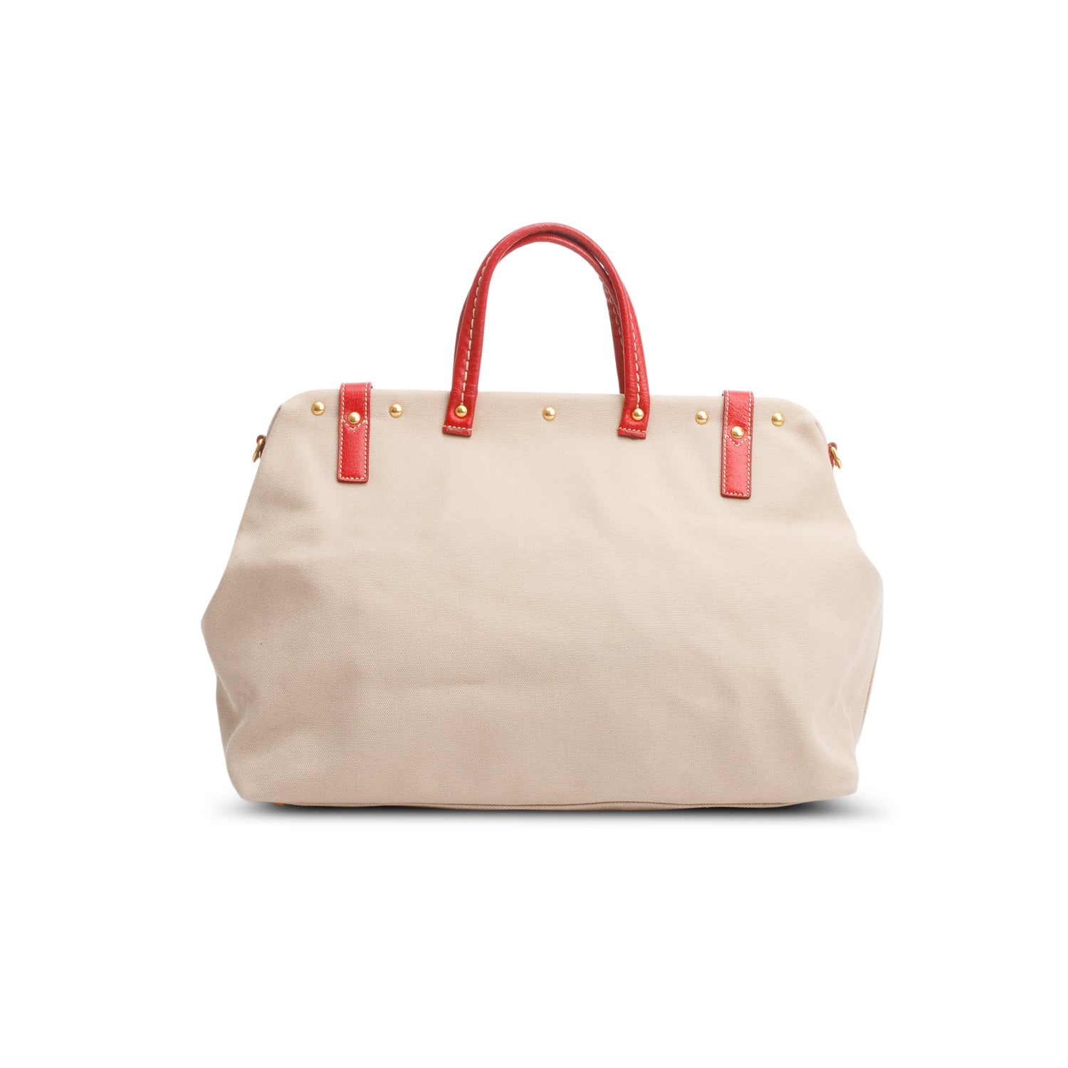 Prada Neutral Canvas Red Leather Trim Frame Tote