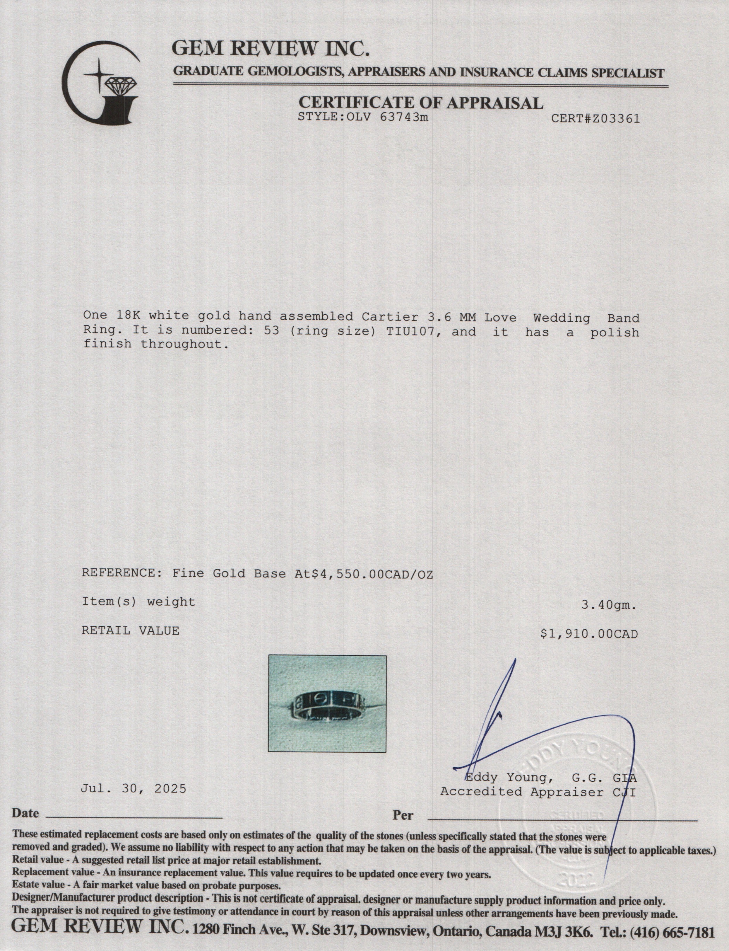 Cartier 2023 18k White Gold 3.6 MM Love Wedding Band Ring, Size 53 6.5 w/ Box & Certificate