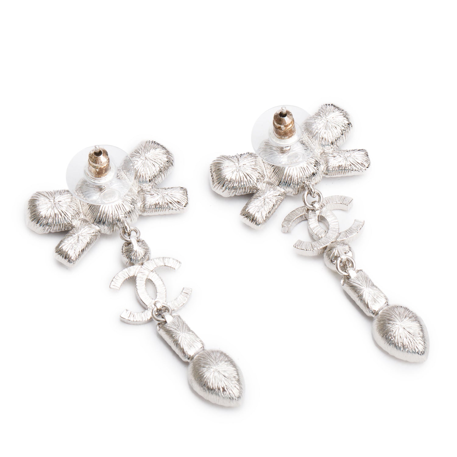 Chanel 2023 Palladium-Plated Faux Pearl & Strass CC Bow Drop Earrings w/ Box