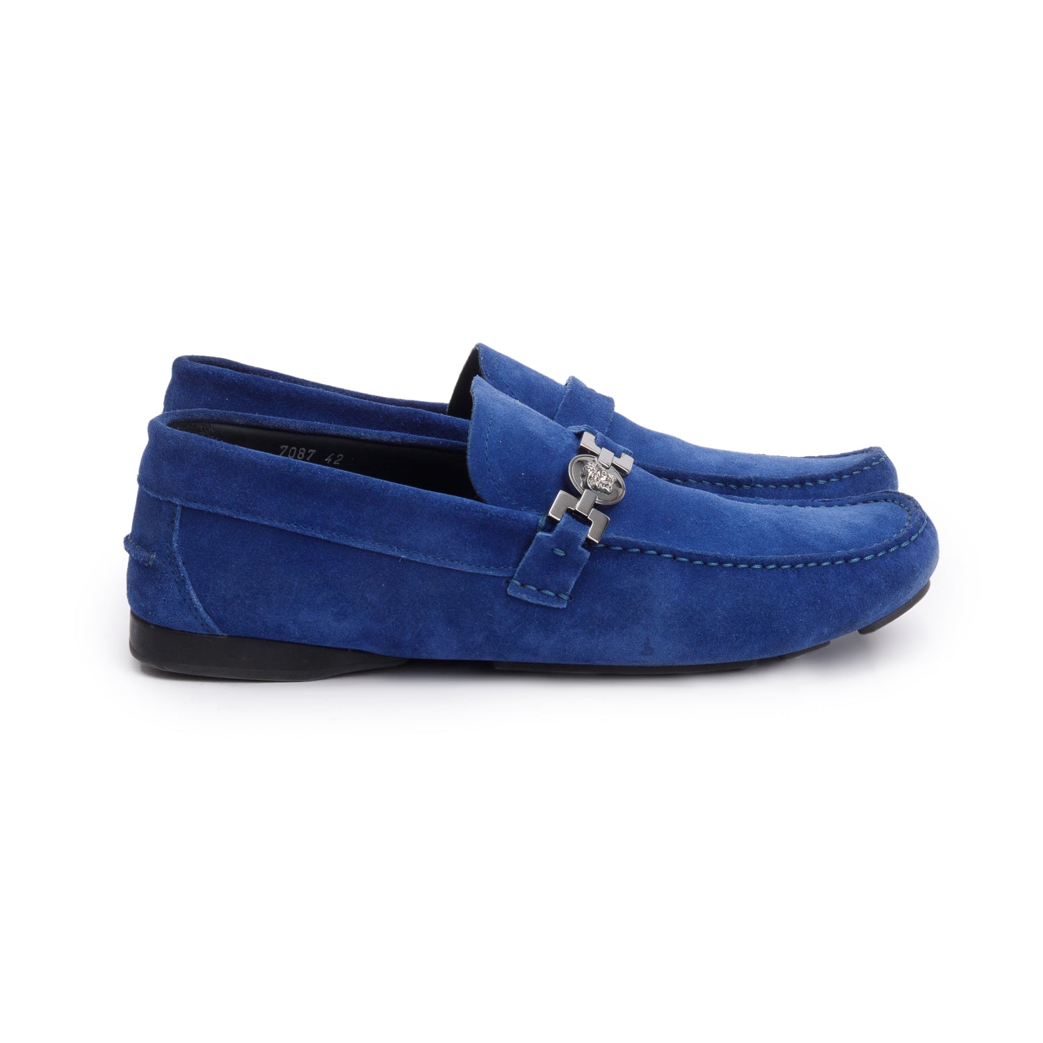 Versace Blue Suede Medusa Biggie Driver Loafers, Men's Size 42 w/ Box
