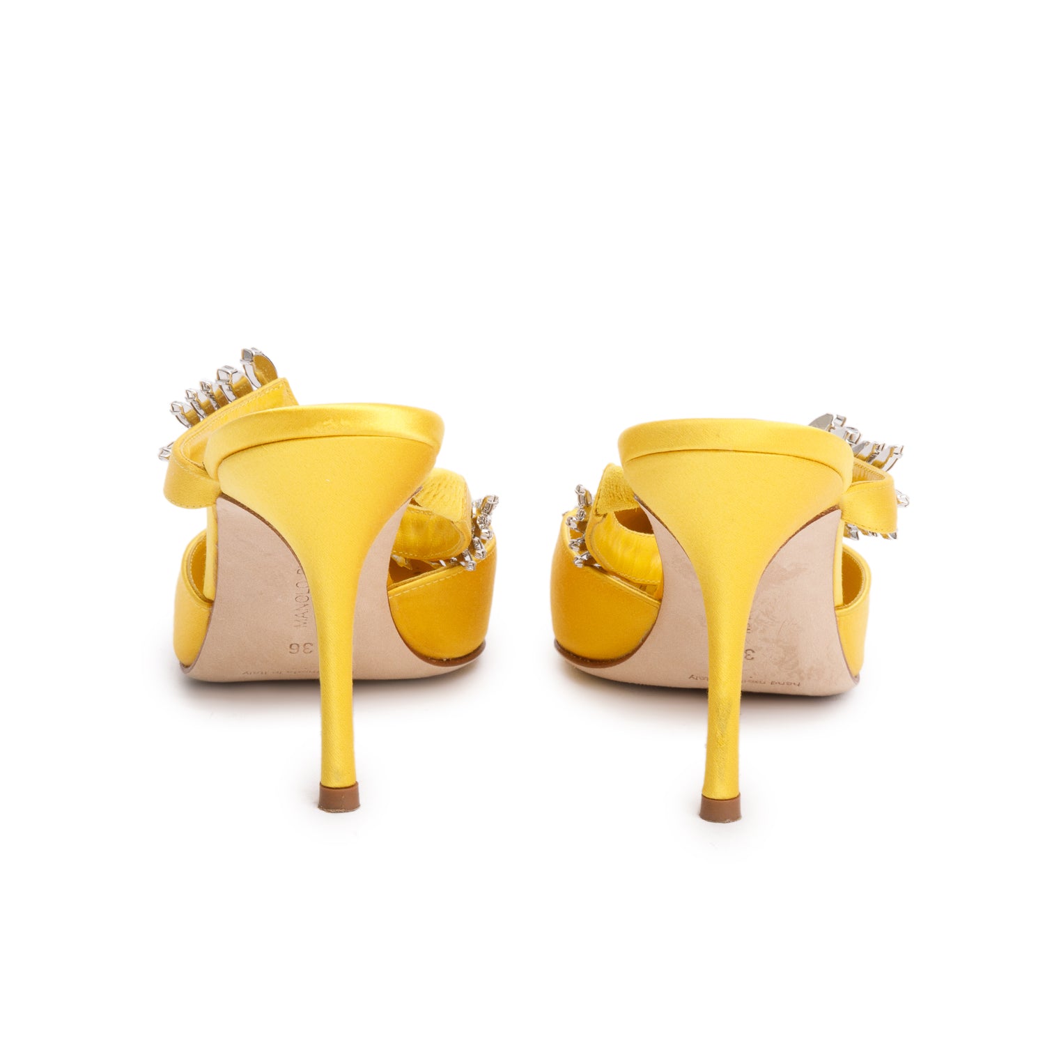 Manolo Blahnik Yellow Satin Crystal Embellised Lurum Pumps, Size 36 w/ Box