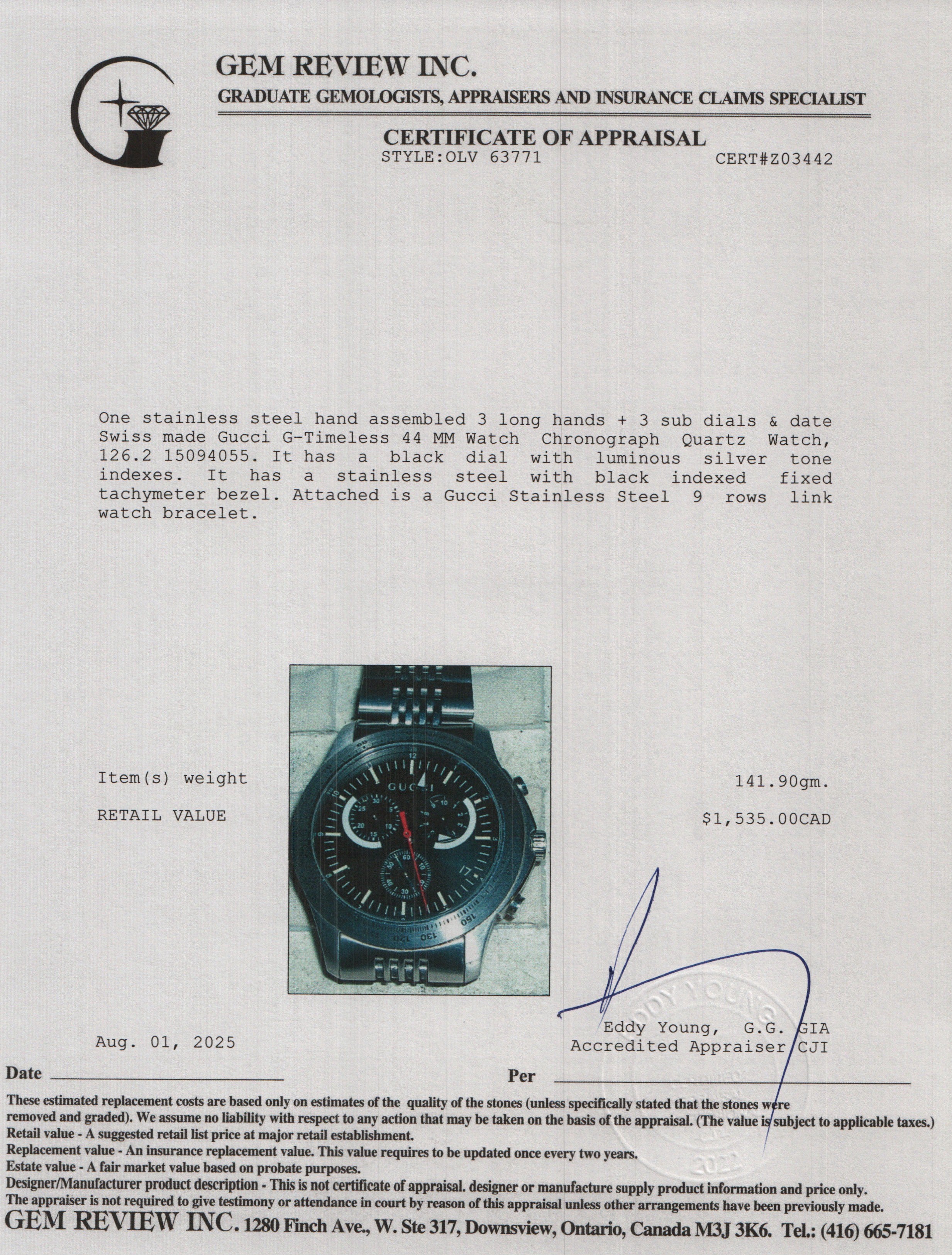 Gucci Stainless Steel G-Timeless 44 MM Watch Chronograph Quartz Watch Black Dial YA126254