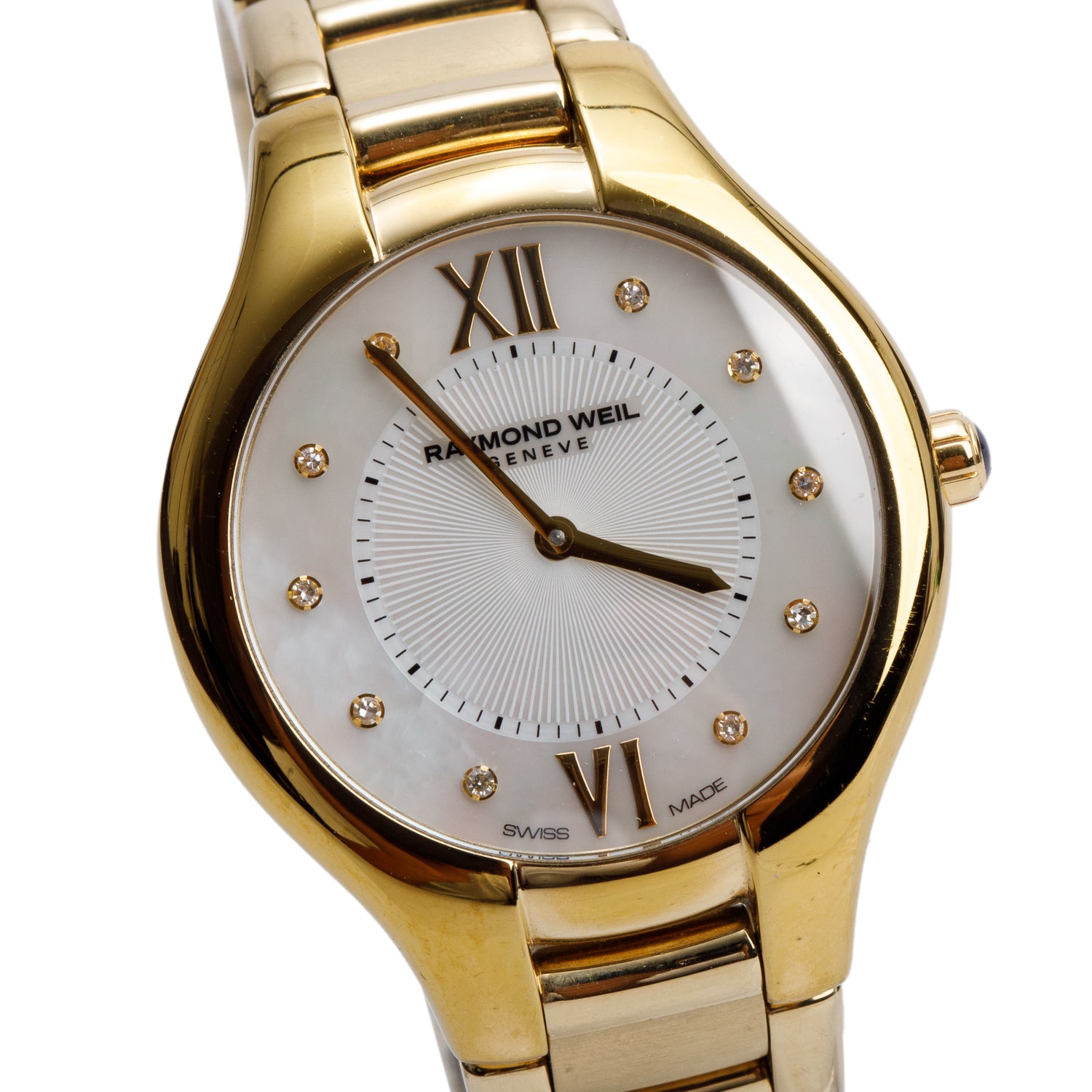Raymond Weil Gold Plated Stainless Steel 32 MM Noemia Quartz Watch Mother of Pearl Diamond Dial 5132 w/ Box & Papers