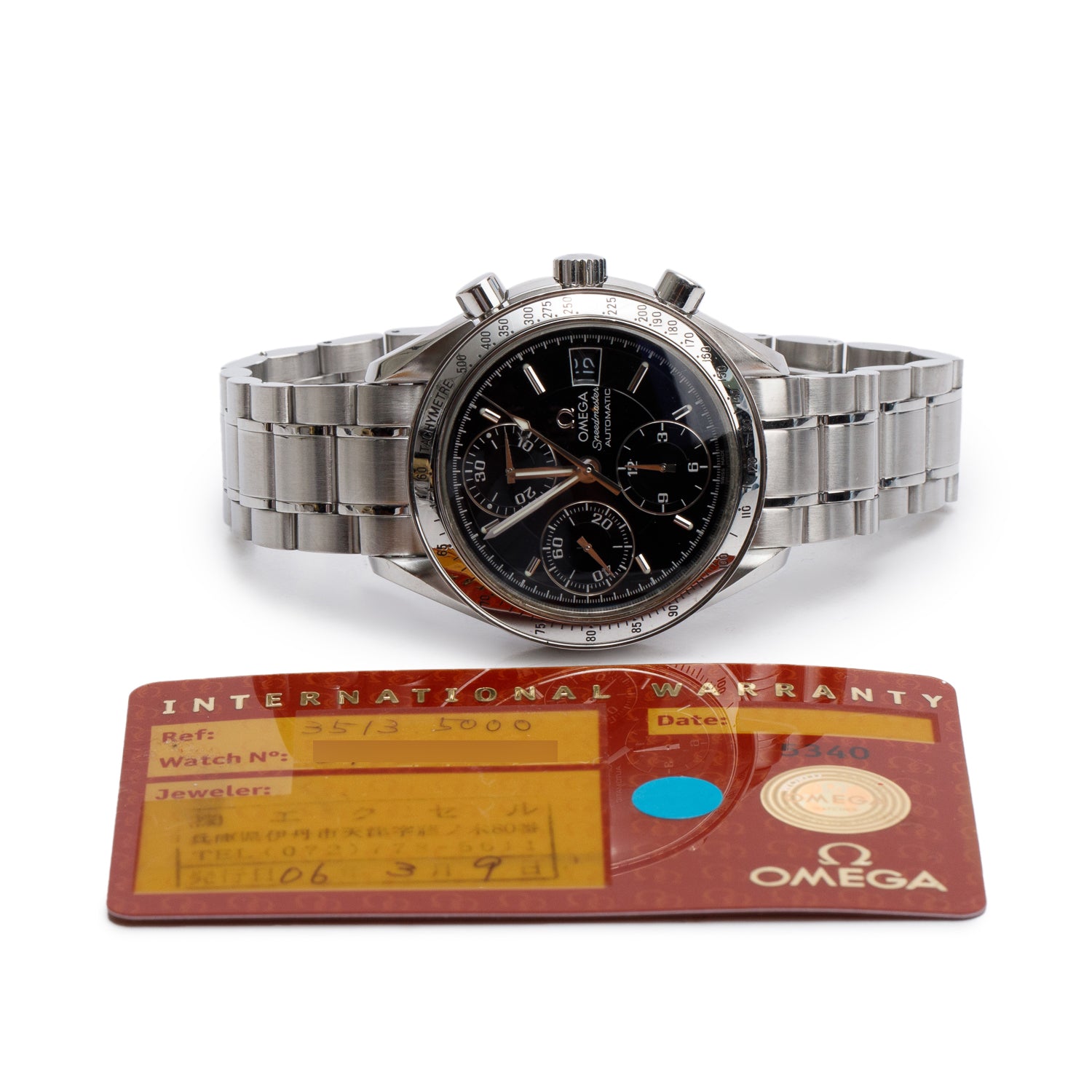 Omega Stainless Steel Speedmaster Date 39 MM Automatic Chronograph Watch Black Dial w/ Papers