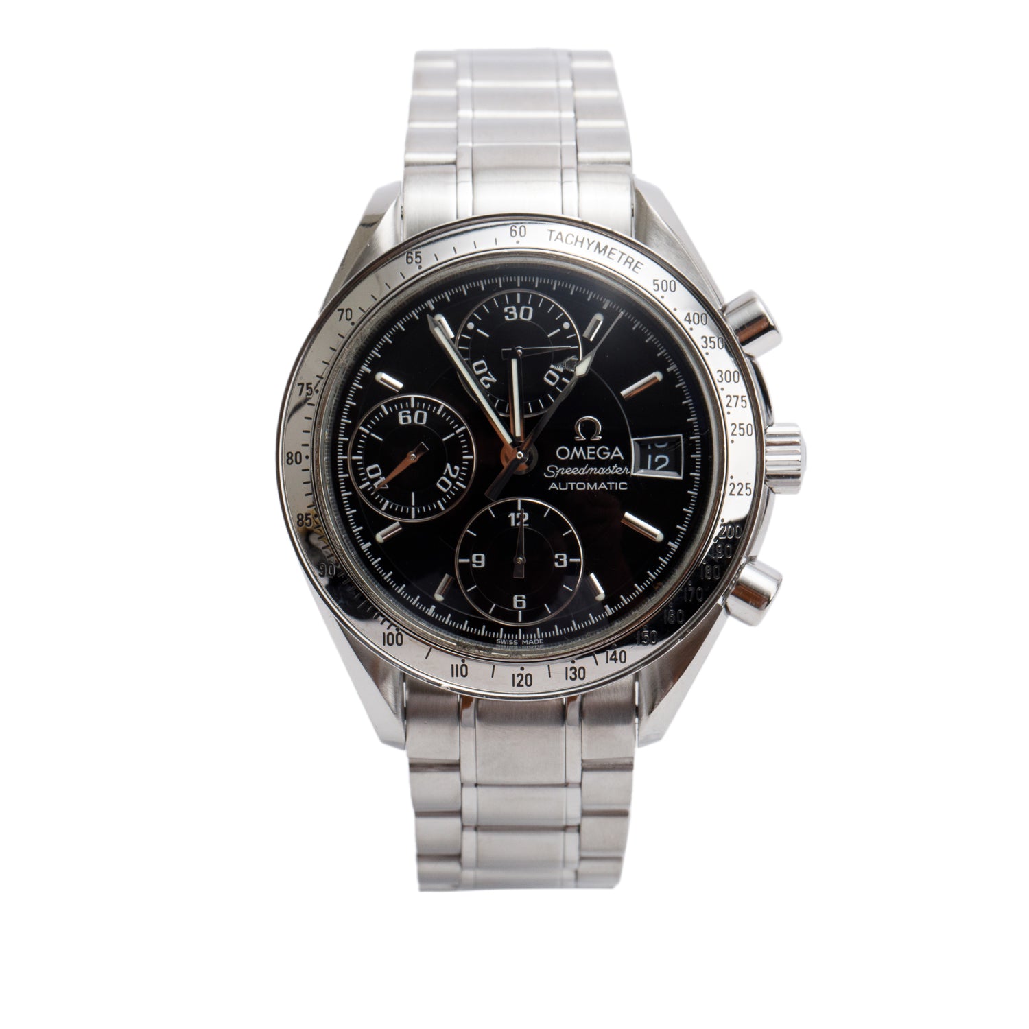 Omega Stainless Steel Speedmaster Date 39 MM Automatic Chronograph Watch Black Dial w/ Papers