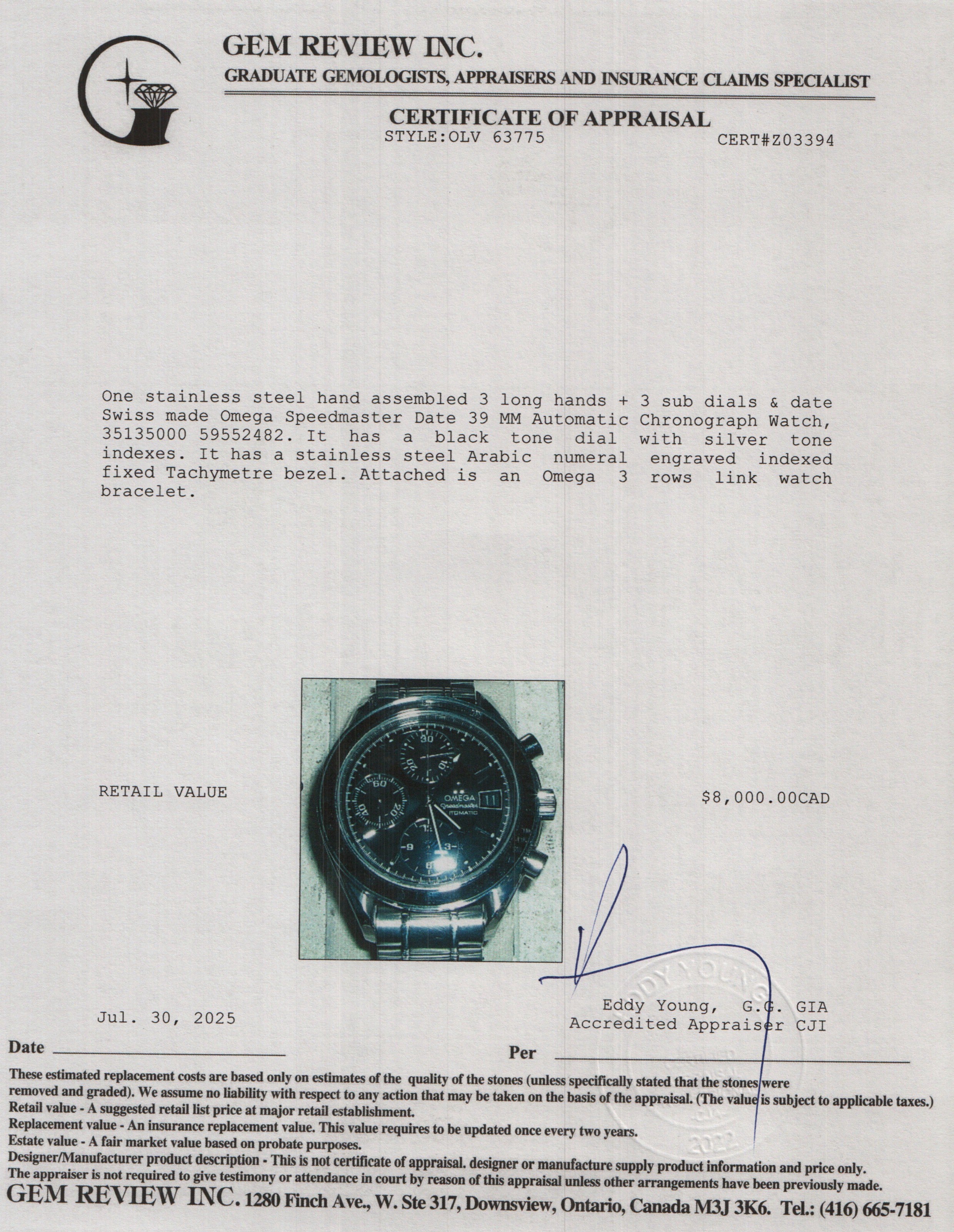 Omega Stainless Steel Speedmaster Date 39 MM Automatic Chronograph Watch Black Dial w/ Papers