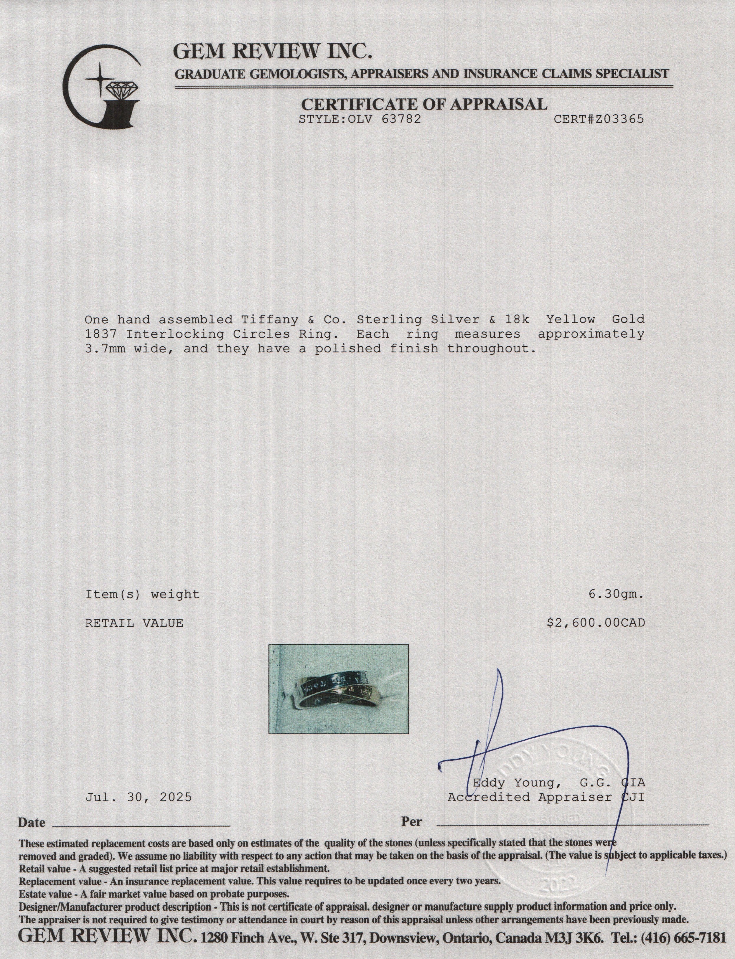 Tiffany & Co. Sterling Silver & 18k Yellow Gold 1837 Interlocking Circles Ring, Size 7