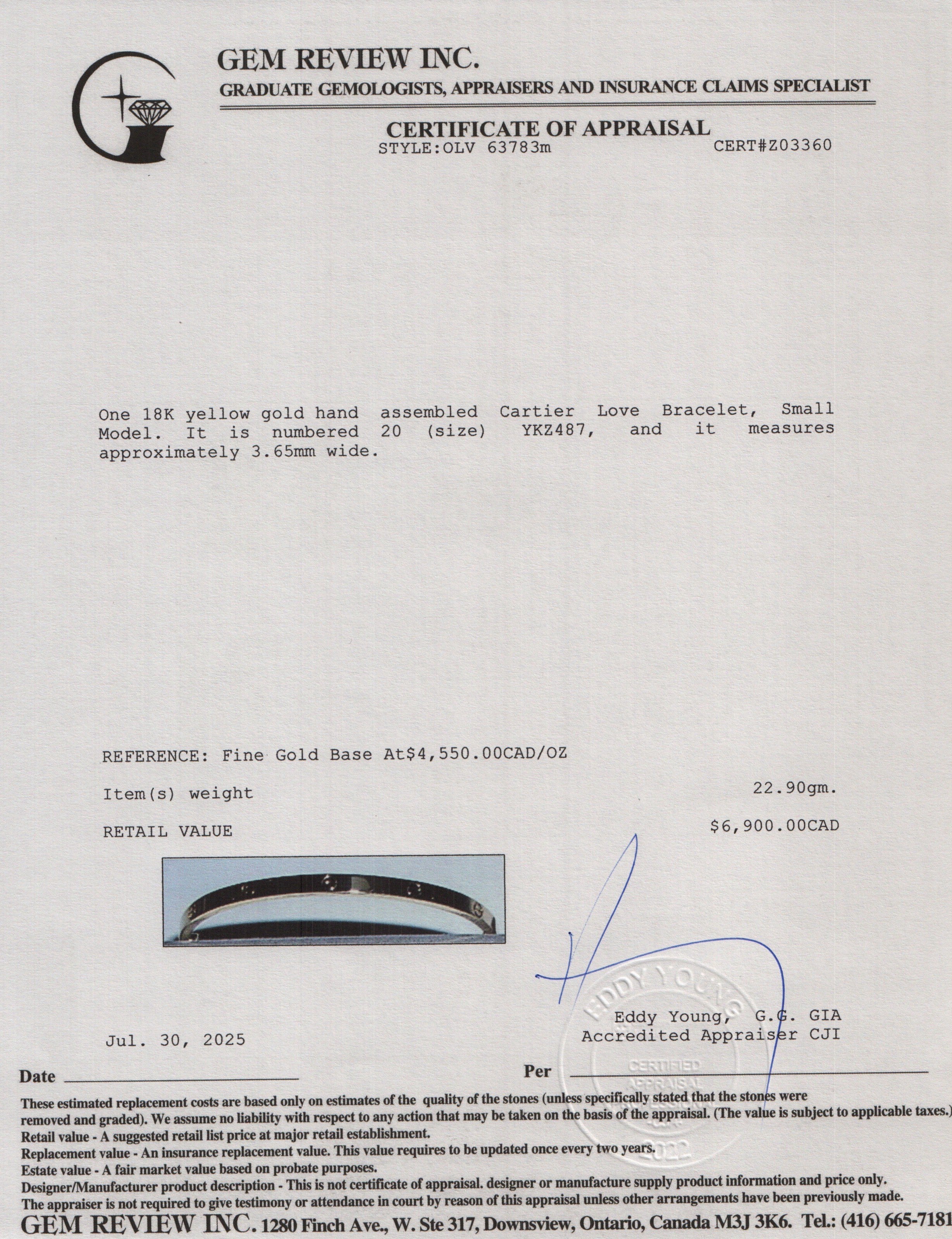 Cartier 2024 18k Yellow Gold 3.65 MM Love Bracelet, Small Model, Size 20 w/ Box & Certificate