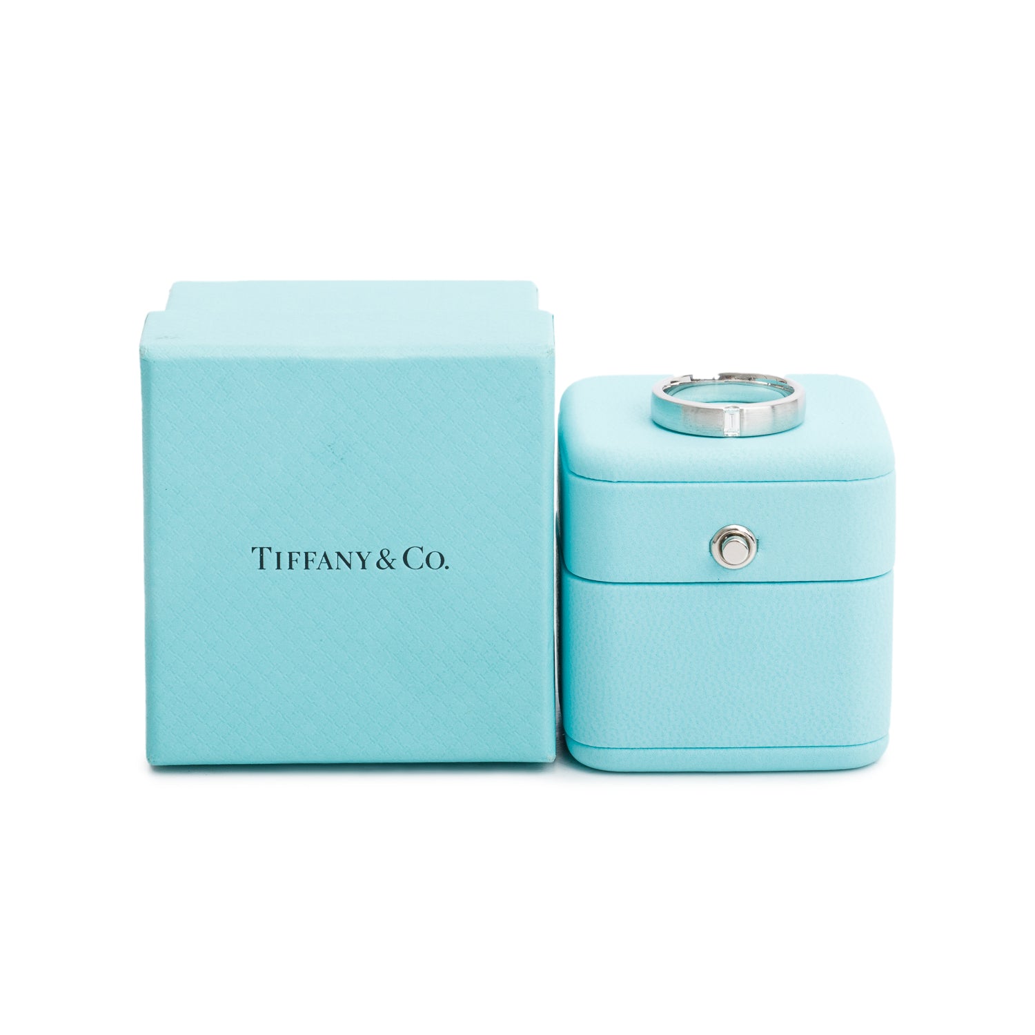 Tiffany & Co. The Charles Setting Platinum & Baguette Diamond 5 MM Satin Finish Ring, Size 8 w/ Box