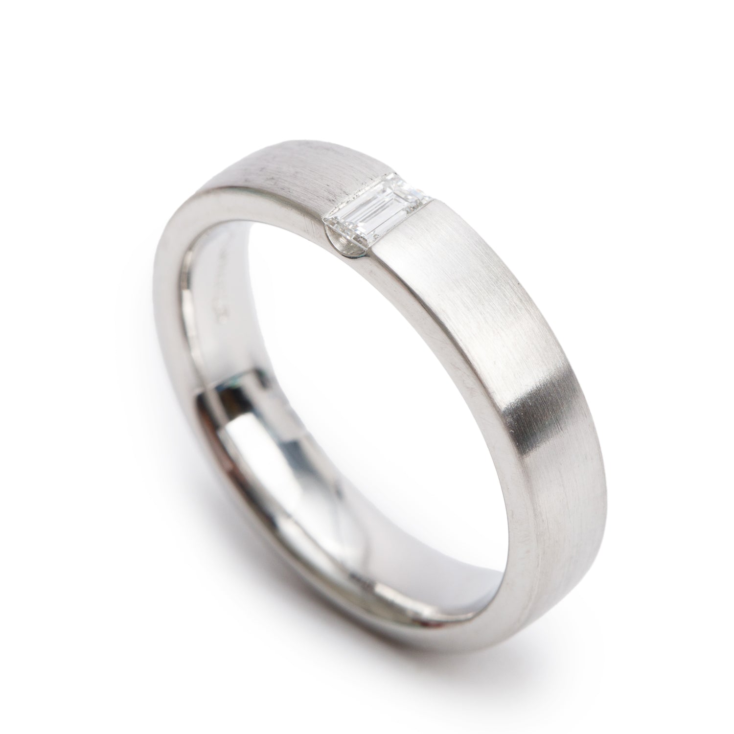 Tiffany & Co. The Charles Setting Platinum & Baguette Diamond 5 MM Satin Finish Ring, Size 8 w/ Box