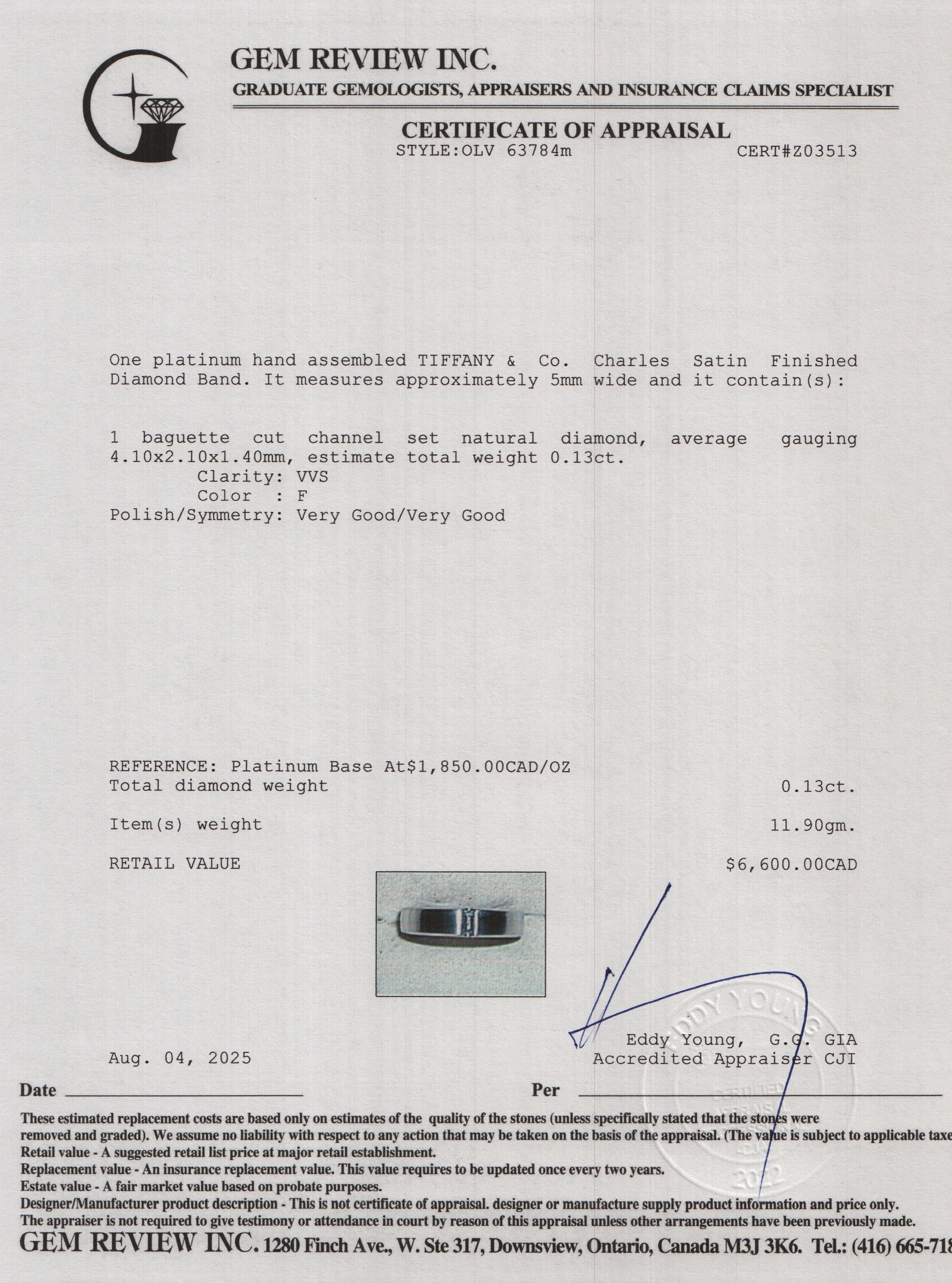 Tiffany & Co. The Charles Setting Platinum & Baguette Diamond 5 MM Satin Finish Ring, Size 8 w/ Box
