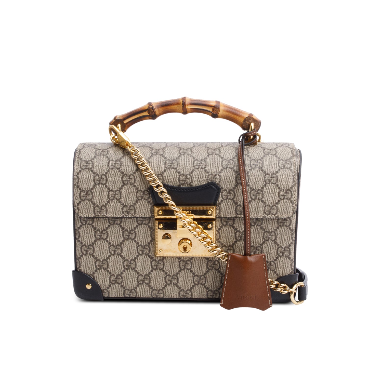 Gucci GG Supreme Brown Leather Trim Small Padlock Bamboo Handle Bag w/ Strap