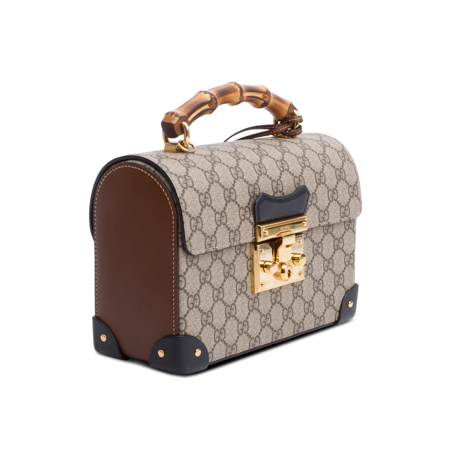 Gucci GG Supreme Brown Leather Trim Small Padlock Bamboo Handle Bag w/ Strap