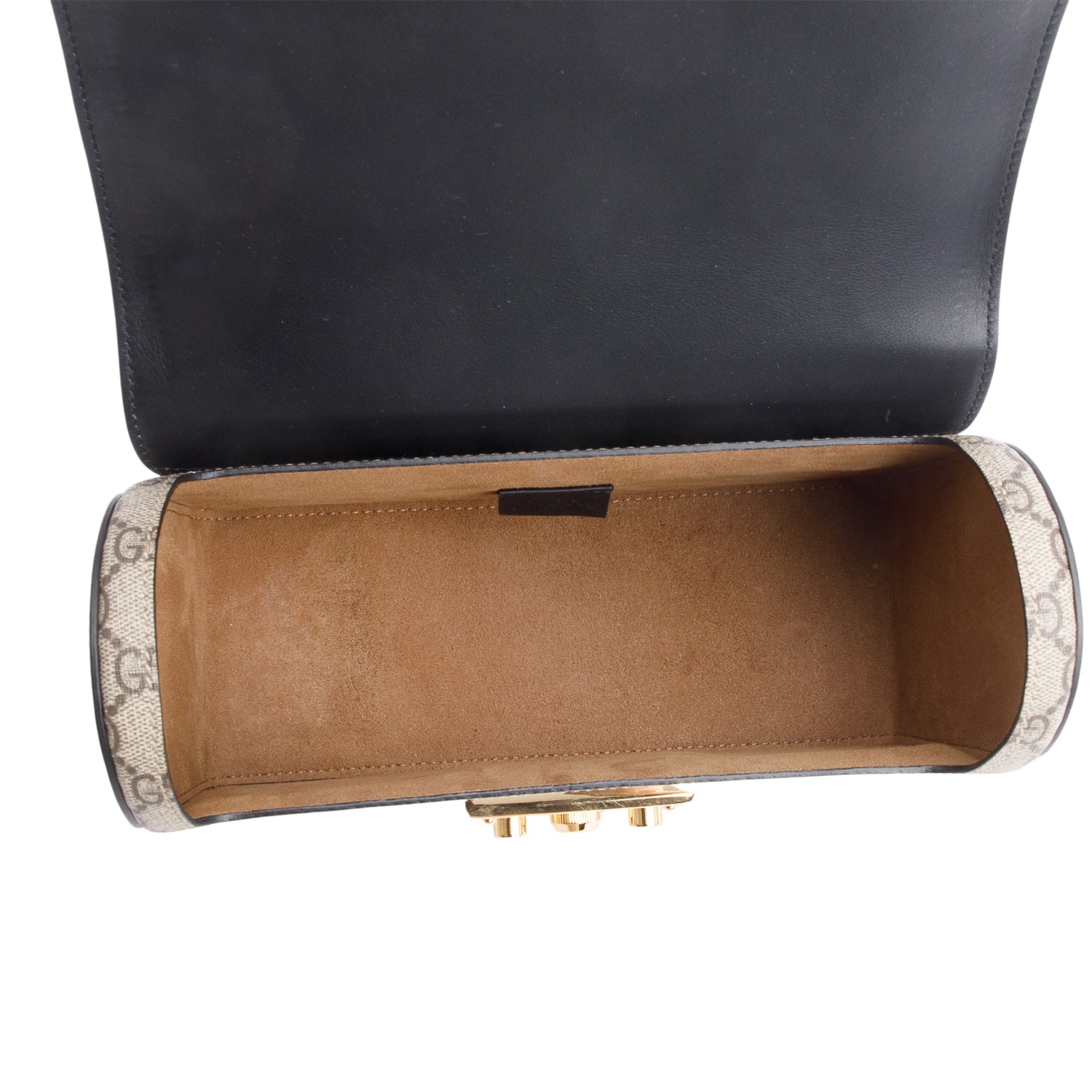 Gucci GG Supreme Brown Leather Trim Small Padlock Bamboo Handle Bag w/ Strap