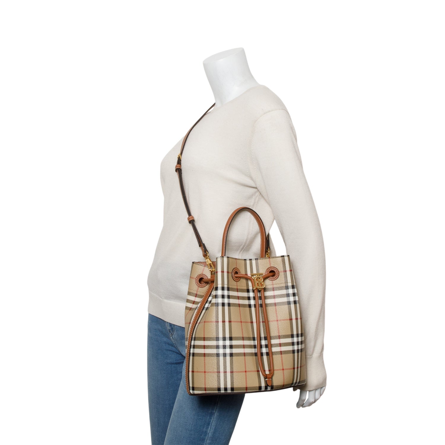 Burberry Check Coated Canvas Small TB Bucket Bag w/ Strap