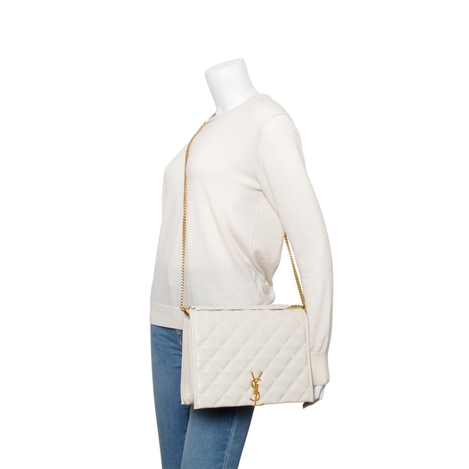 Saint Laurent Ivory Quilted Leather Small Becky Chain Bag