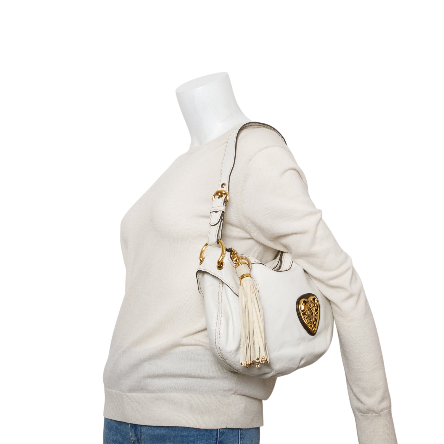 Gucci White Leather Babouska Hysteria Heart Hobo Bag