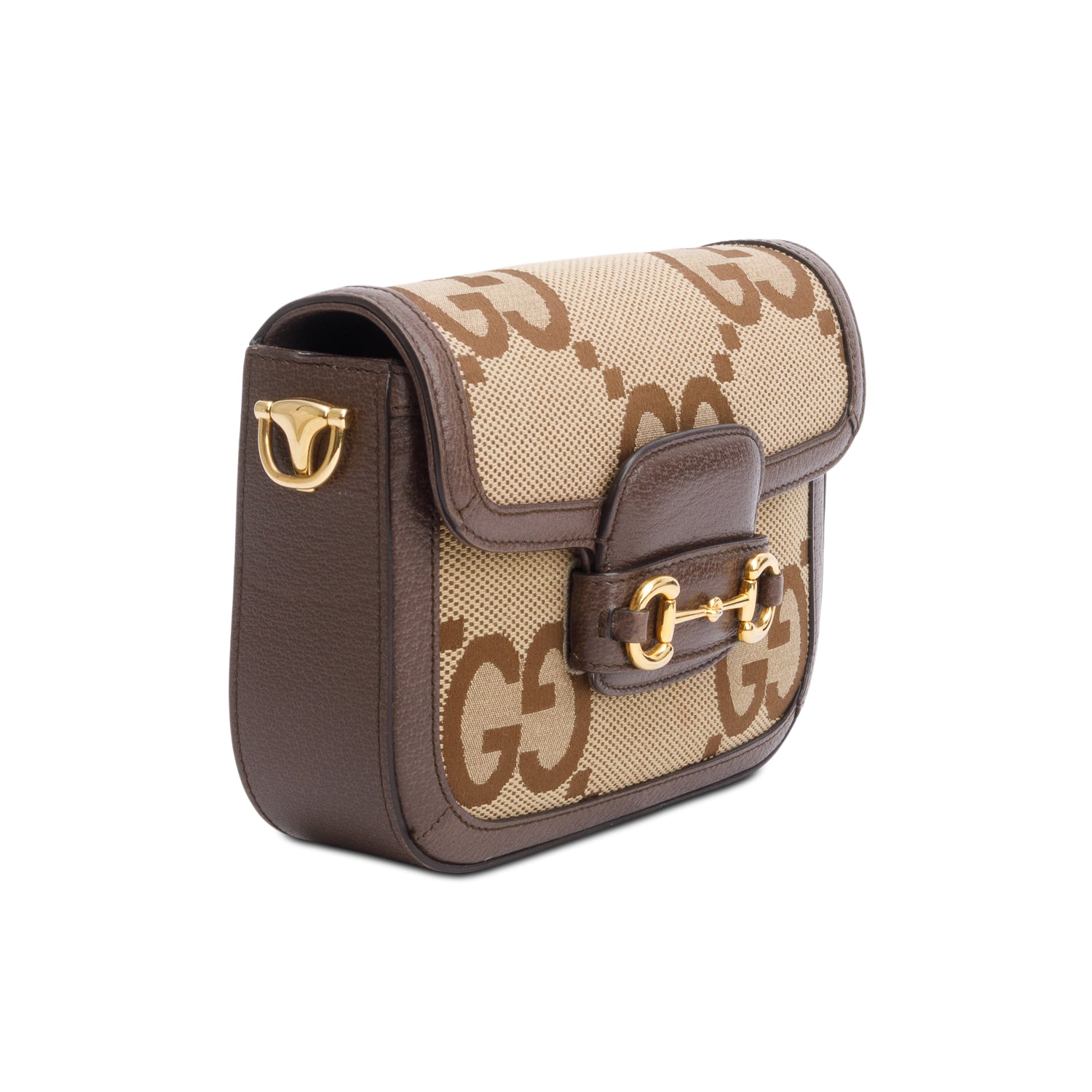 Gucci Jumbo GG Canvas Brown Leather Trim Horsebit 1955 Small Shoulder Bag w/ Straps