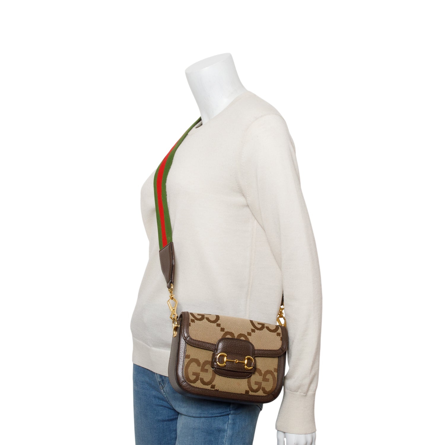 Gucci Jumbo GG Canvas Brown Leather Trim Horsebit 1955 Small Shoulder Bag w/ Straps