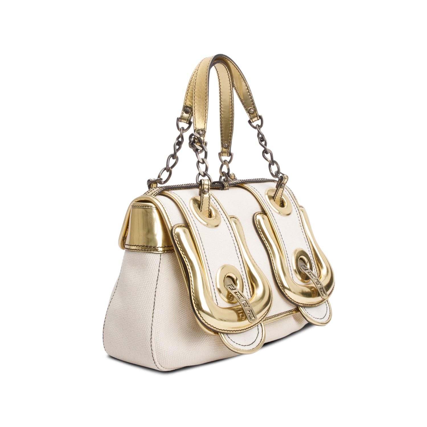 Fendi White Canvas Gold Patent Leather Trim B Bag