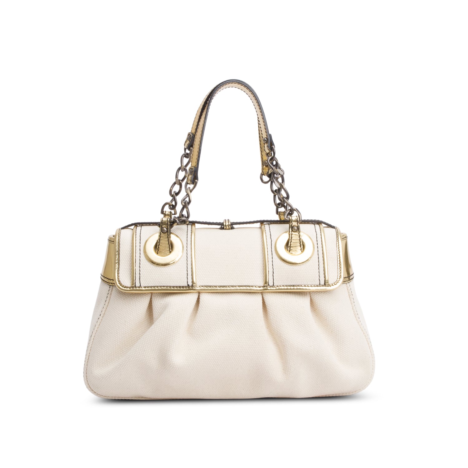 Fendi White Canvas Gold Patent Leather Trim B Bag