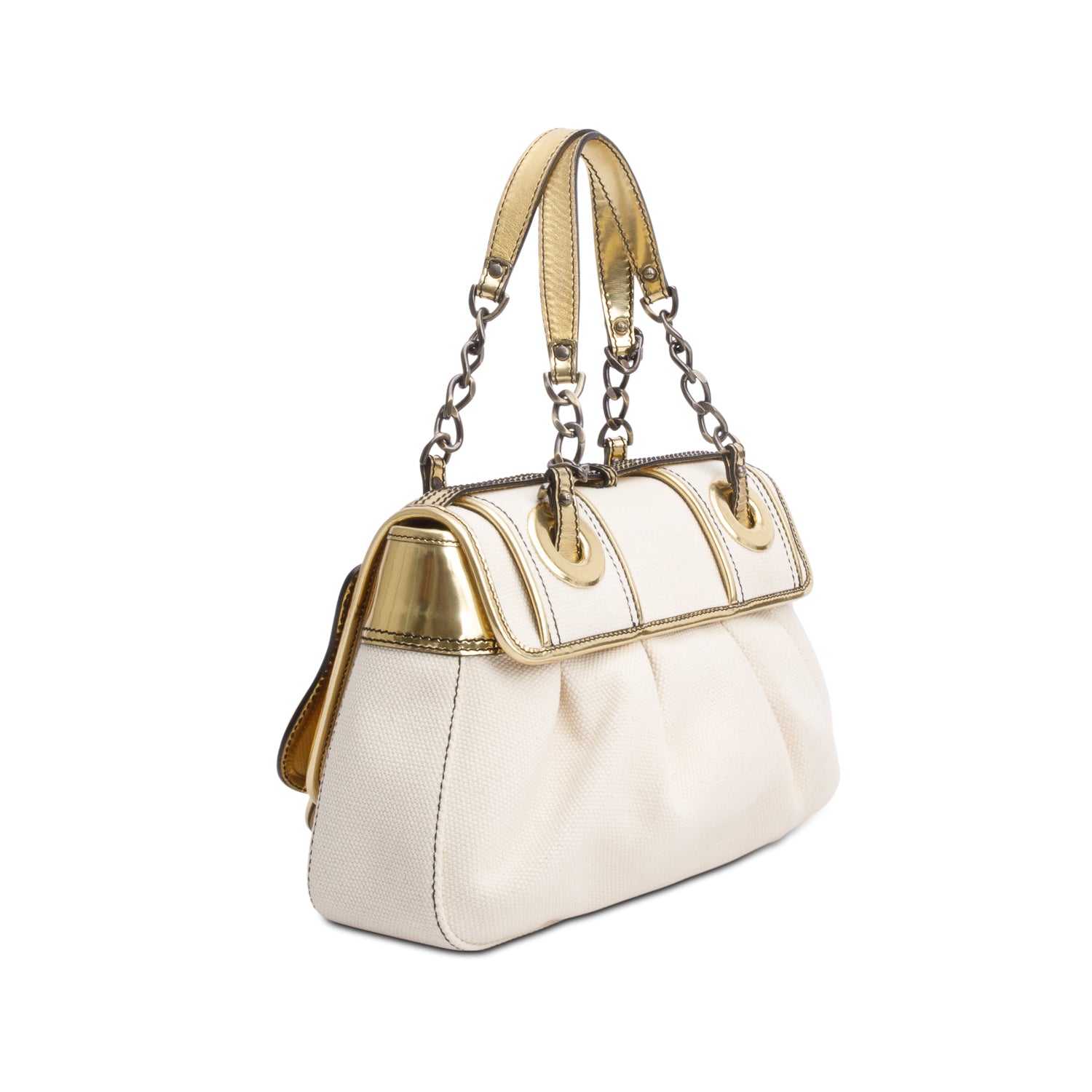 Fendi White Canvas Gold Patent Leather Trim B Bag
