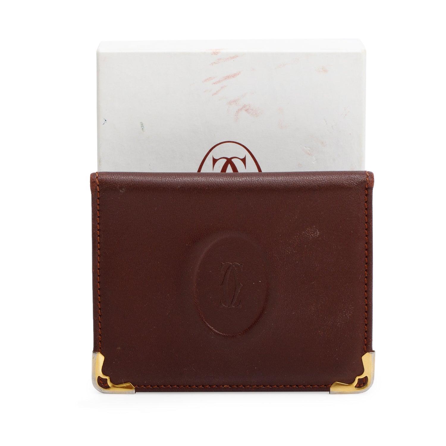 Cartier Burgundy Calfskin Leather C De Cartier Compact Mirror Card Case w/ Box